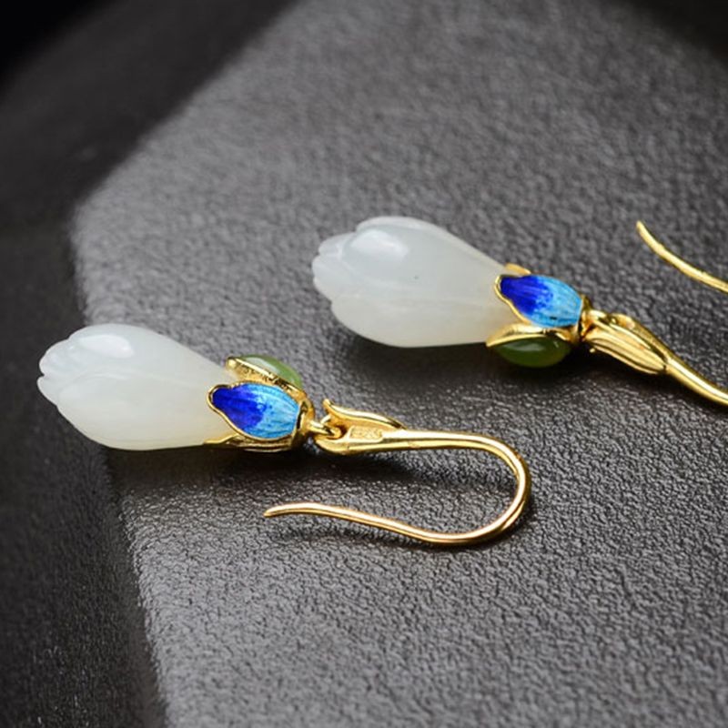 Jade Magnolia Earrings Enamel Drop Dangle Hook Chinese Style for Women