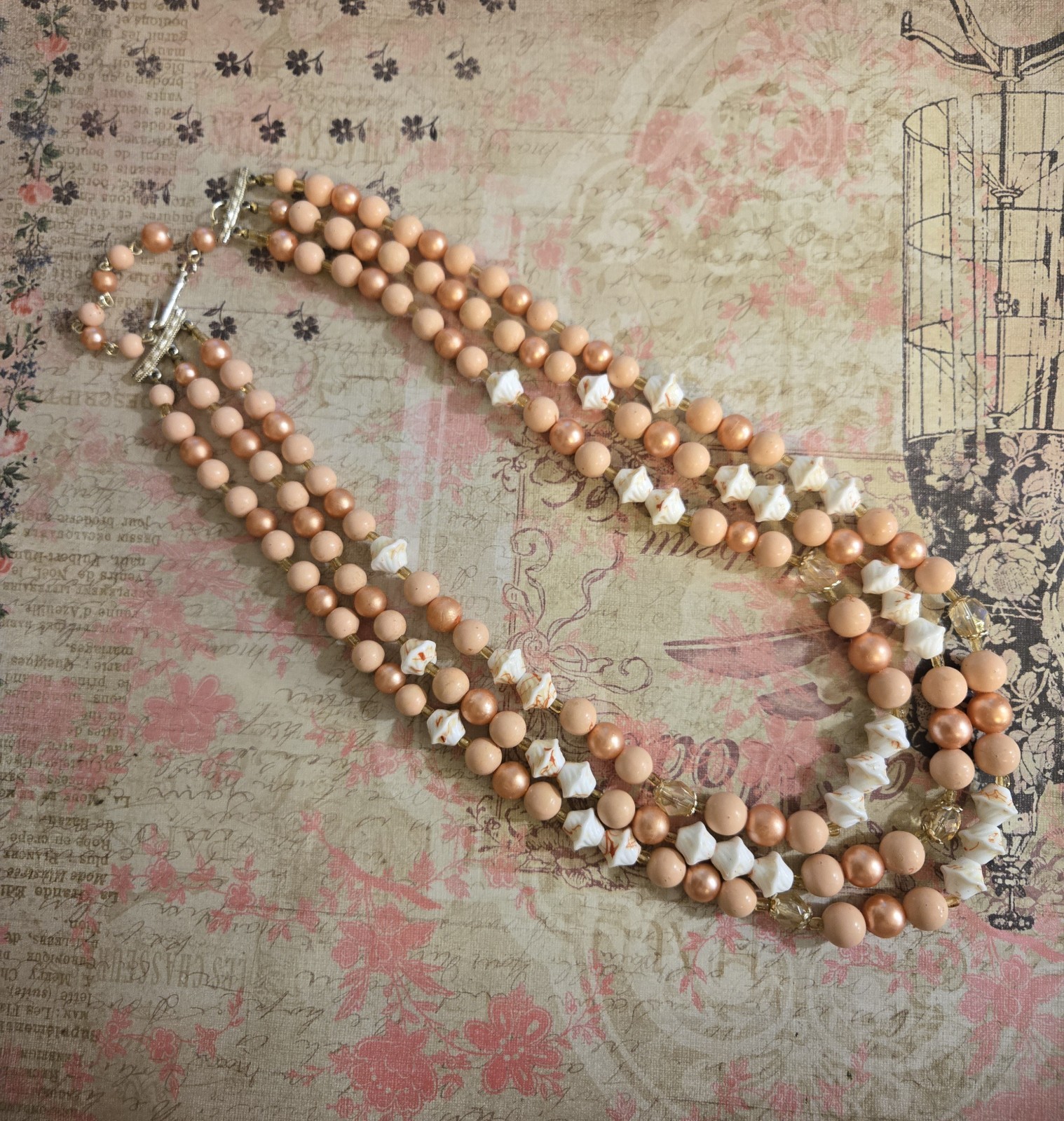 Vintage Japan Triple Strand Bead Necklace with Gold Tone Peach & Cream 19 In