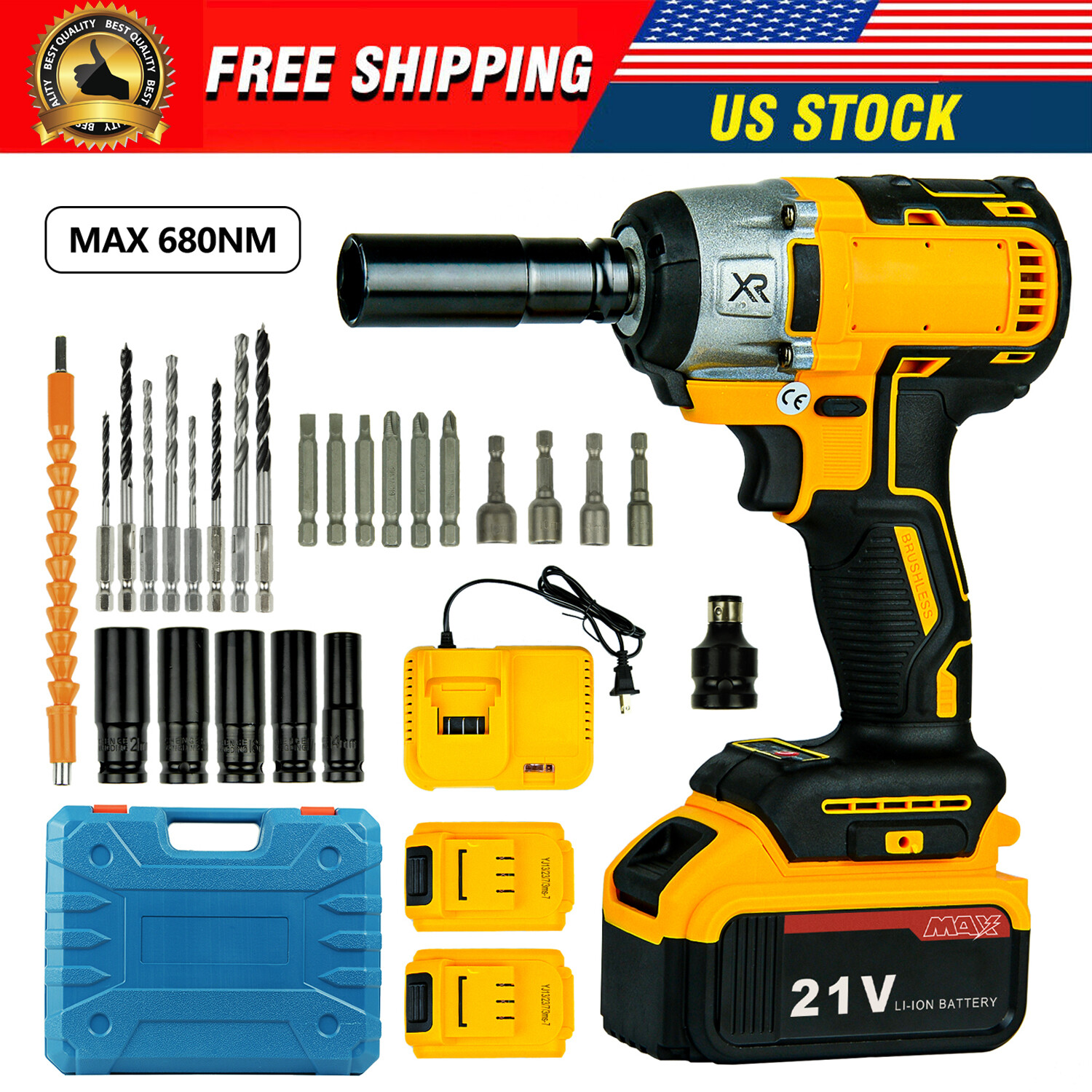 21V Cordless Impact Wrench 1/2″ 680Nm High Torque Brushless Drill w/ 2 Batteries