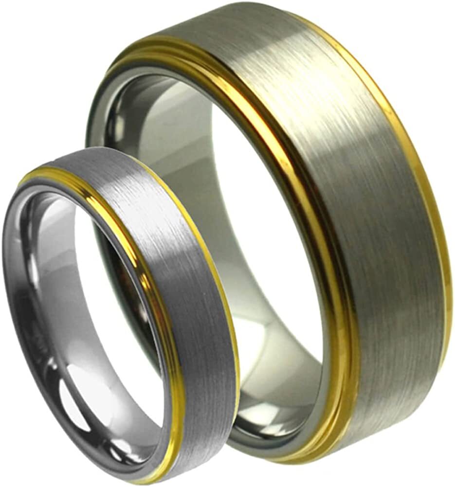8MM/6MM Tungsten Carbide Gold Plated Step Edge Brushed Wedding Band Ring Set
