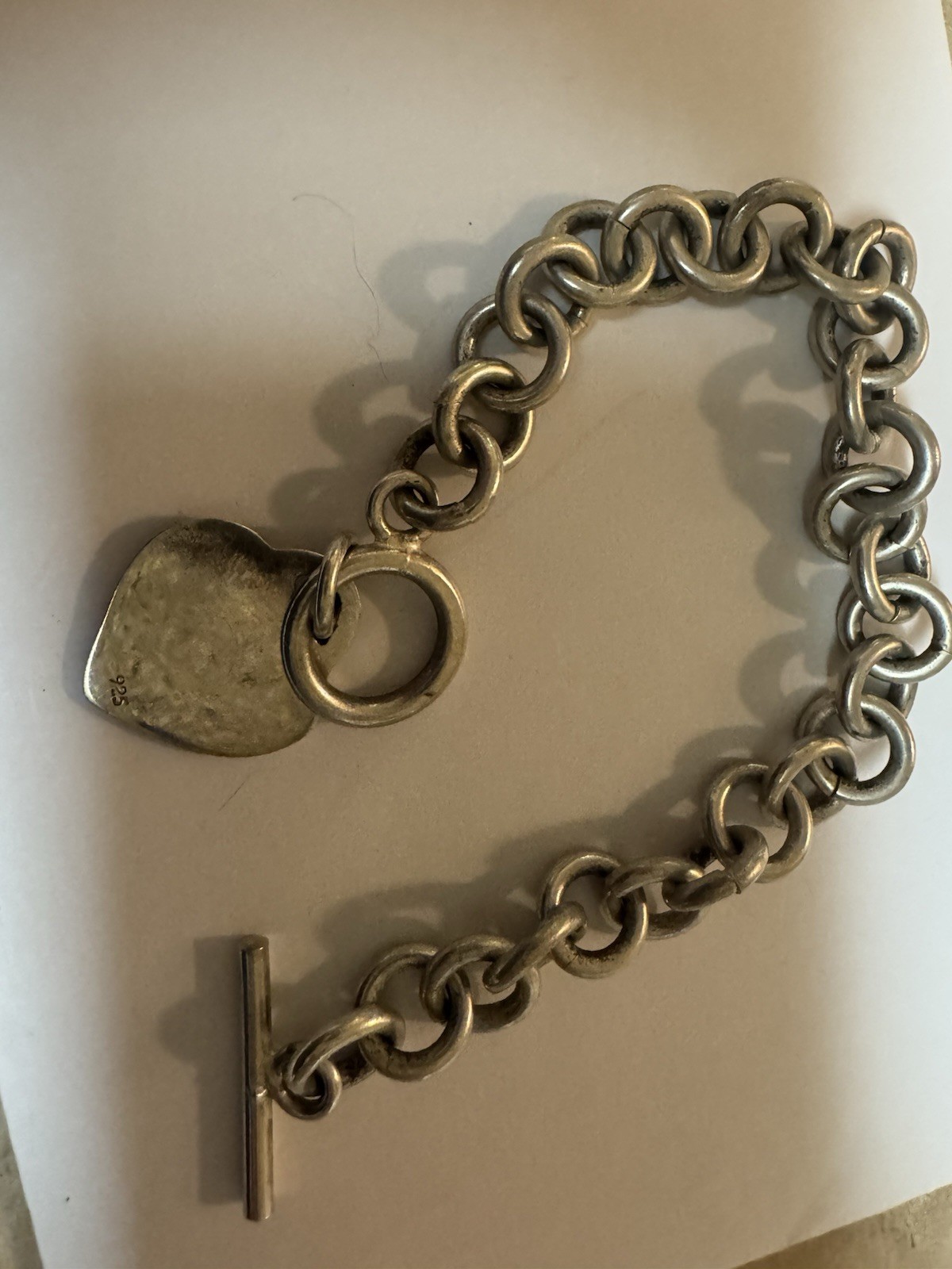 Tiffany & Co. 925 Sterling Silver Engraved Signed Heart Tag Toggle Bracelet