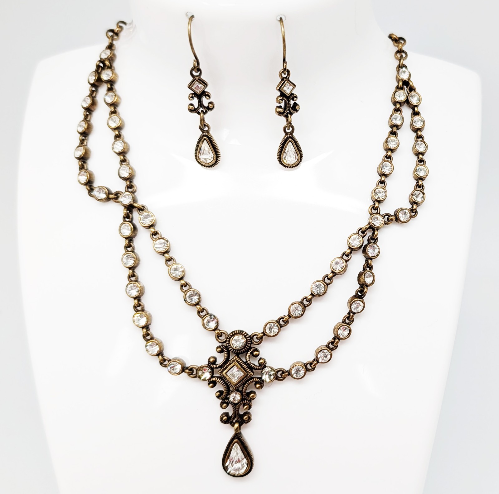DESIGNER INSPIRED 19 in CLEAR CRYSTAL VICTORIAN DROP BRONZE TONE JEWELRY SET NEW