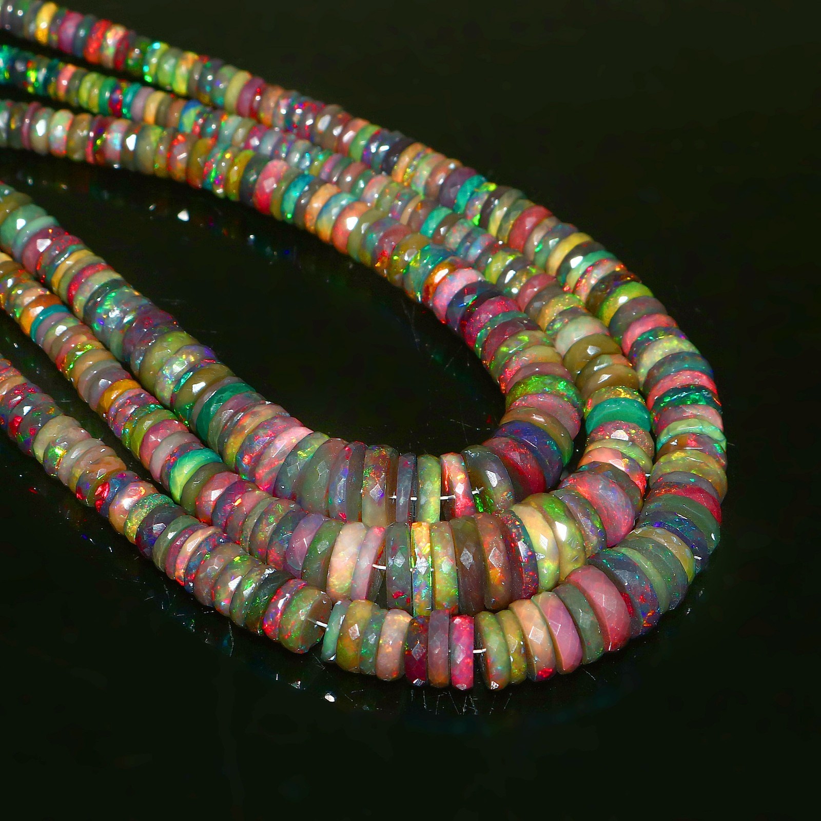 Ethiopian Welo Opal Faceted Round Bead Necklace Multi-Color Play of Fire 562
