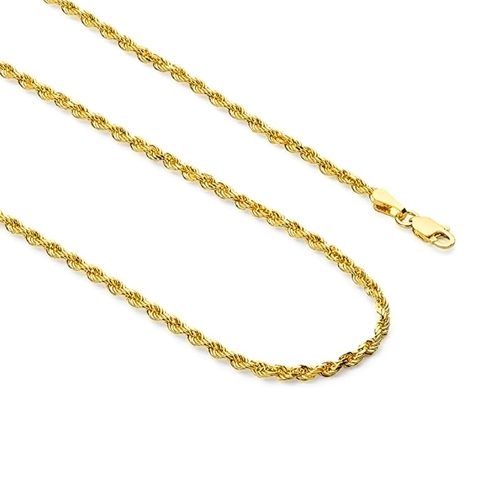 14K Real Solid Yellow Gold 1mm-2.5mm Rope Chain Necklace with Lobster Claw Clasp