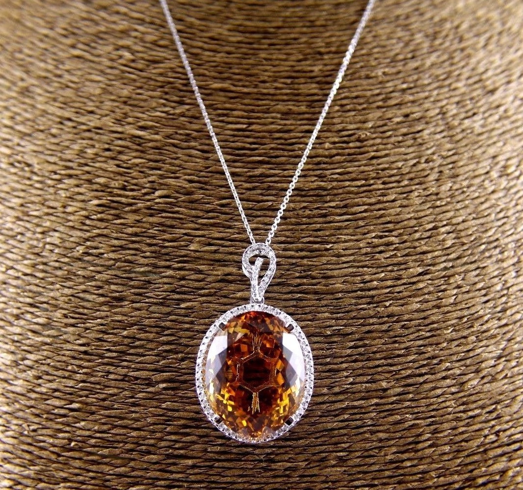 Natural Oval Citrine & Diamond Halo Necklace Pendant 14K White Gold 58.85Ct