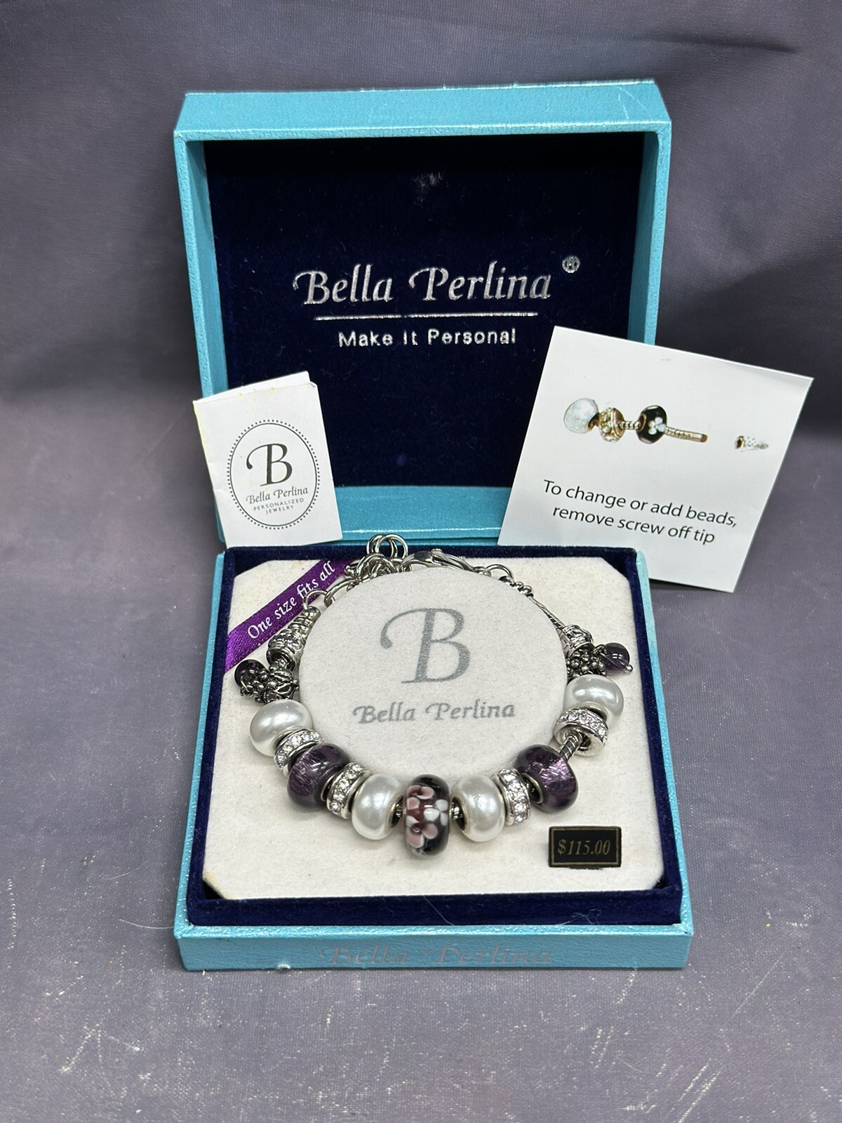 Bella Perlina Charm Bracelet Shades Of Purple / Silver Color One Size Adjustable