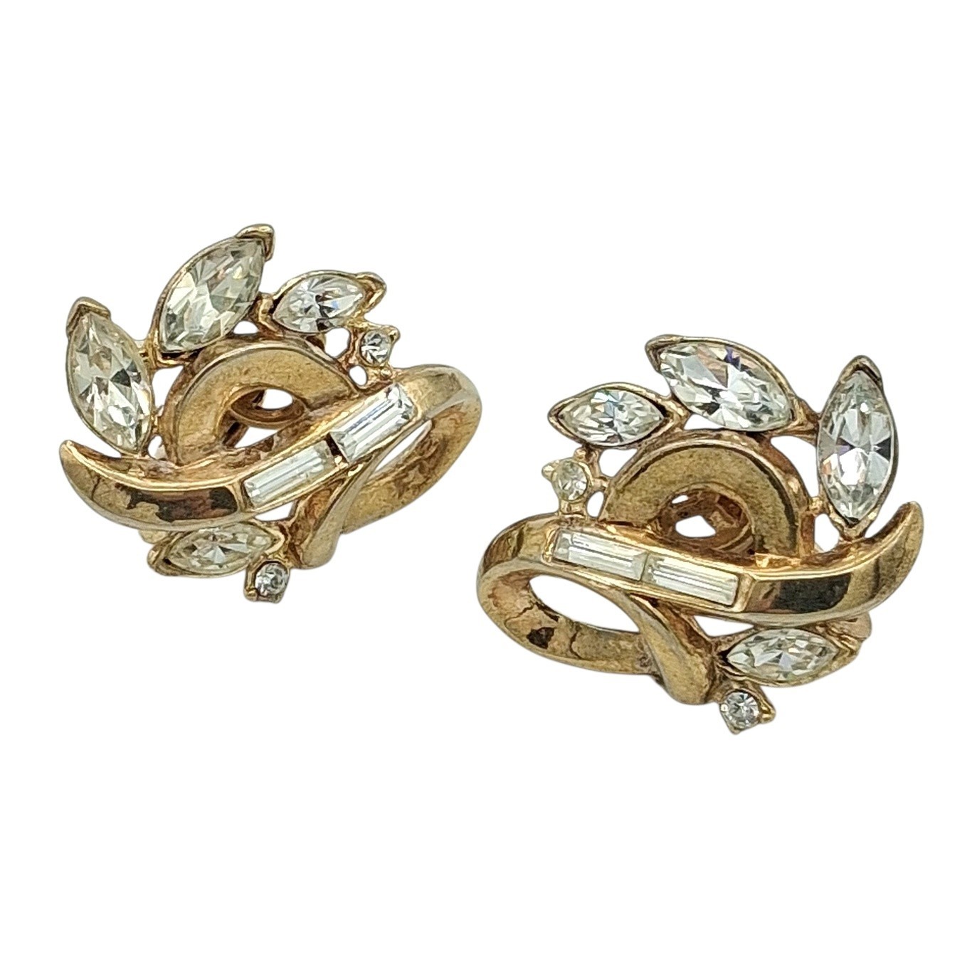 Vintage Crown Trifari Alfred Philippe Rhinestone Clip Earrings Gold Tone Swirl
