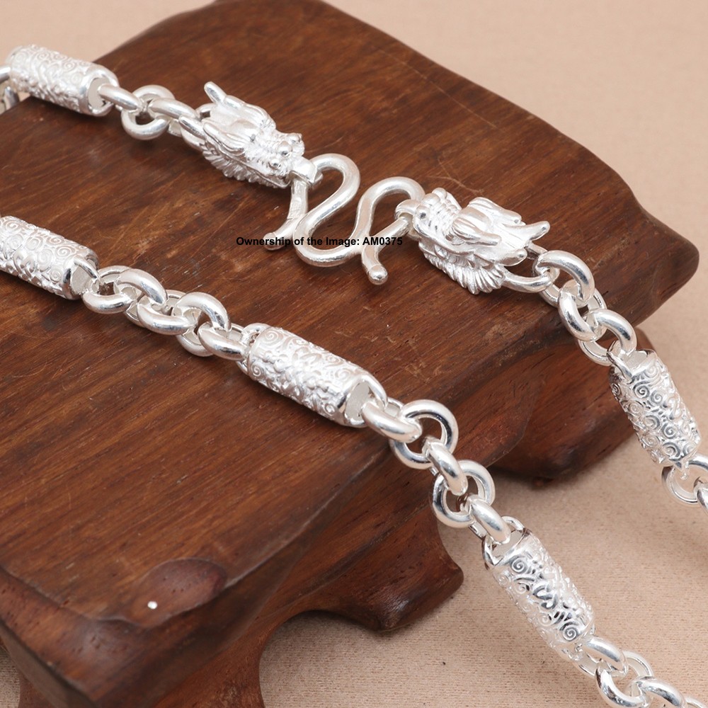 Real S999 Fine Silver Necklace 6.8mm Cloudy Tube and Rolo Link Chain Dragon Head