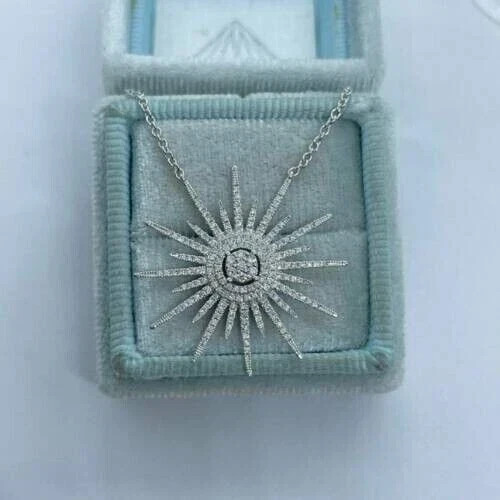 1.70Ct Lab Created Diamond Round Cut Sunburst Pendant 14K White Gold Plated