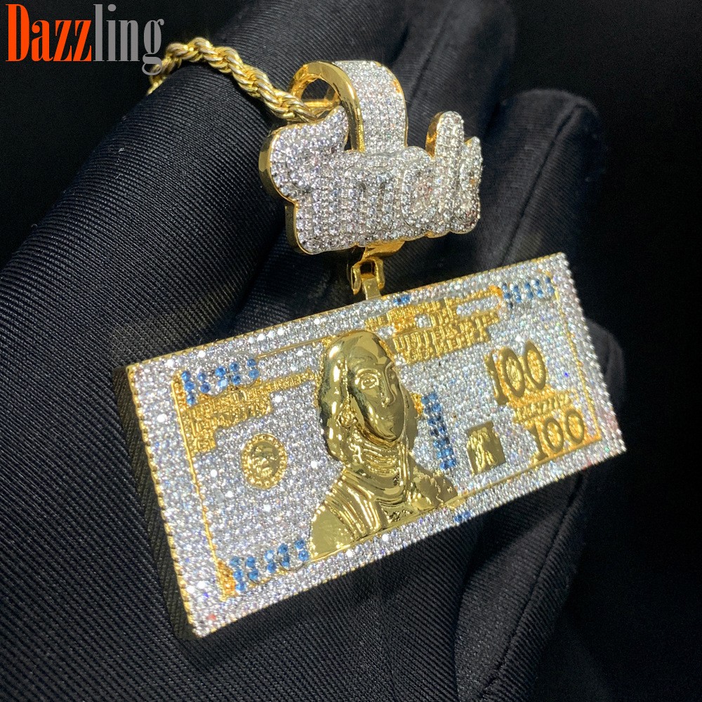 Hip Hop $100 Pendant Necklace Gold Filled Zircon Lucky Necklaces Rap Accessories