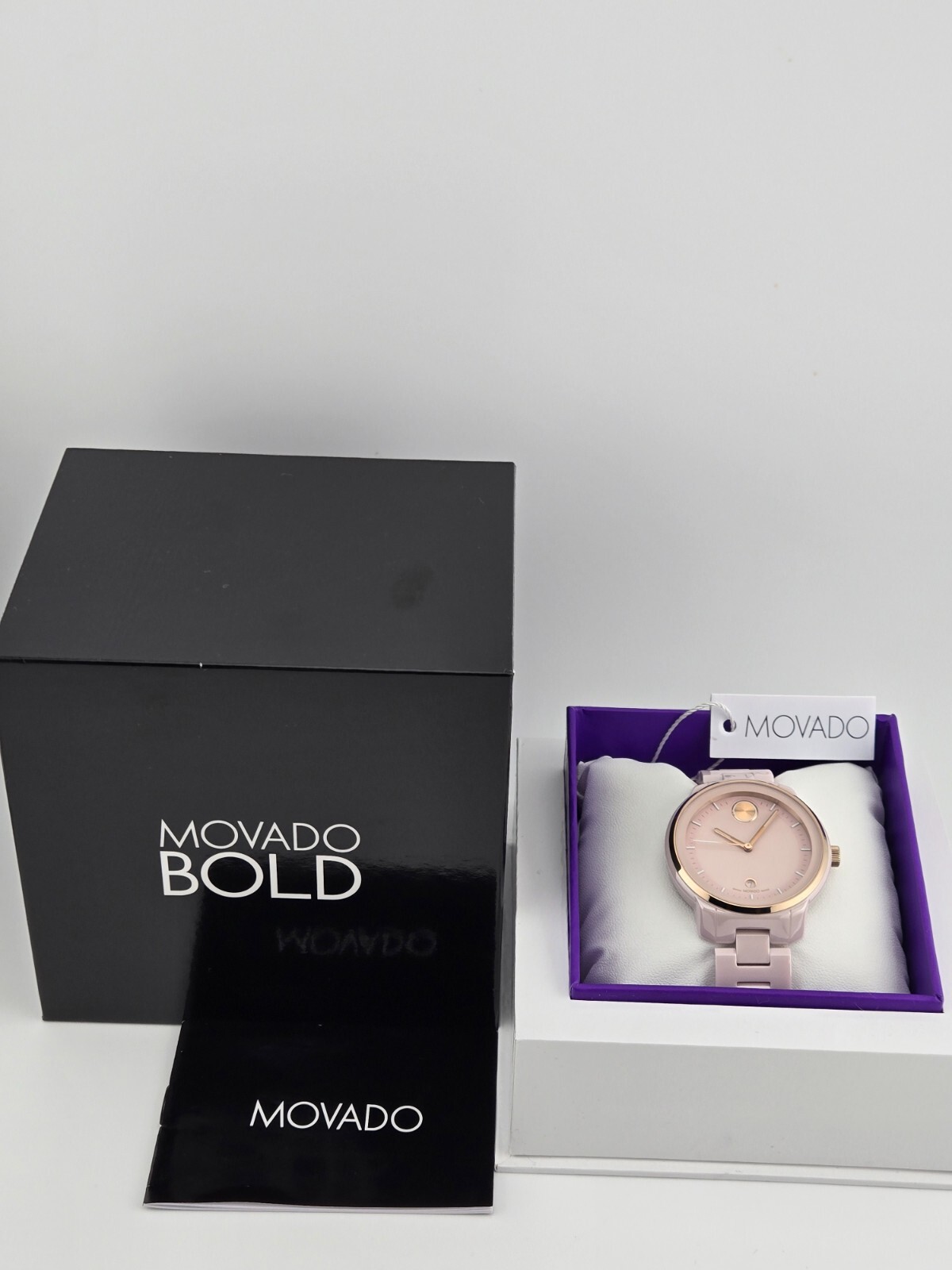 $895 MSRP | Movado Bold Verso Women’s Blush Dial Ceramic Swiss Watch – 3600935