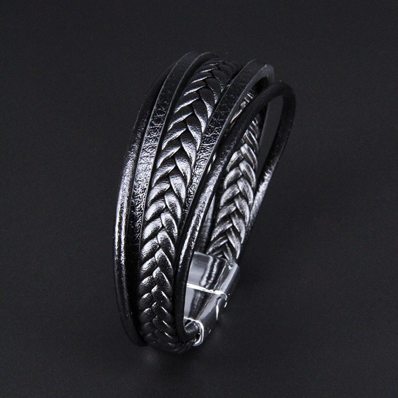 Unisex Leather Braided Wrap Bracelet – Black 21cm