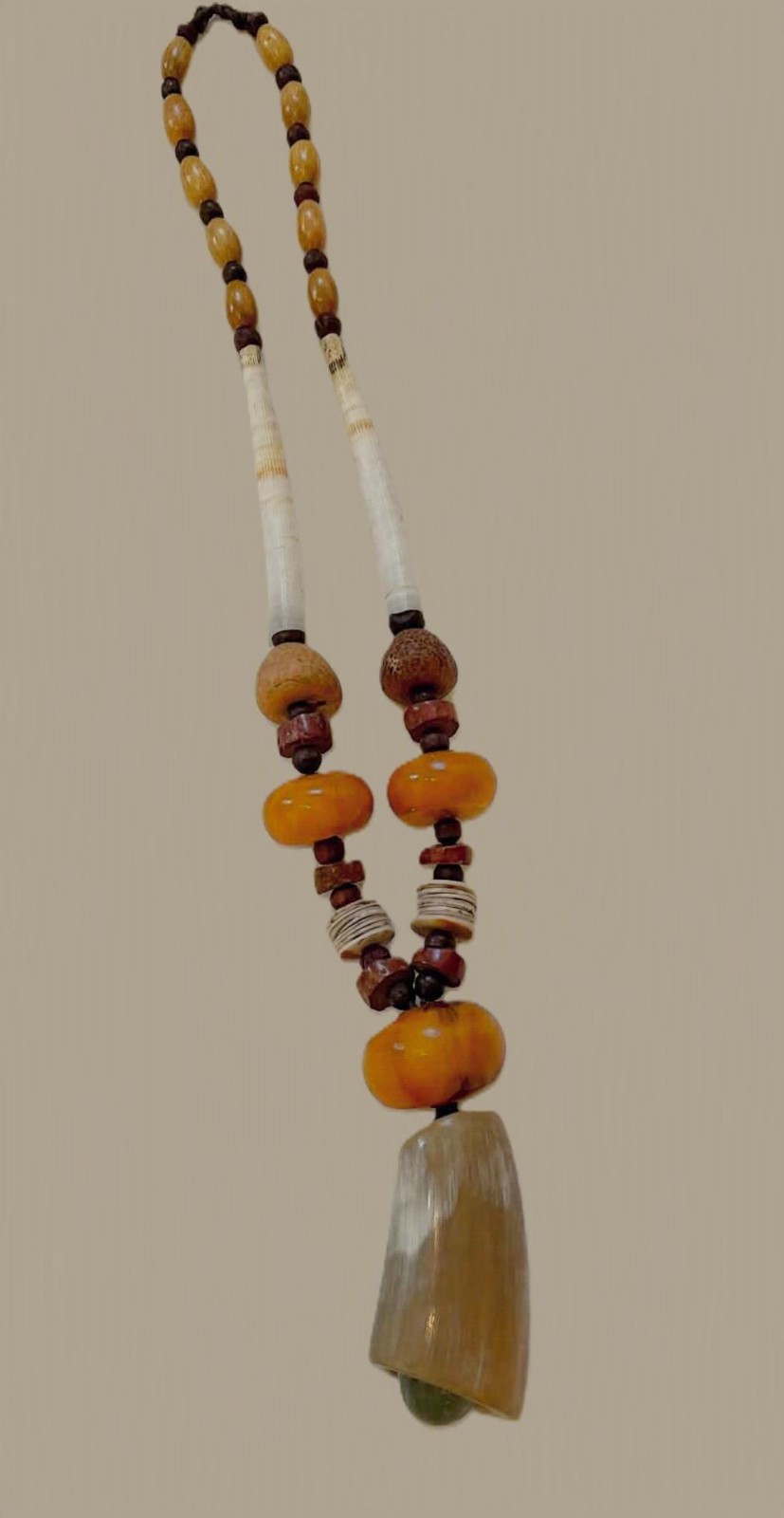Vintage African Tribal Necklace Amber Resin Horn Pendant Bone Beads 27″ No Clasp