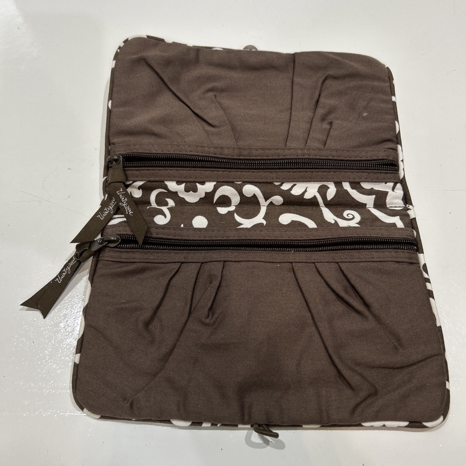 Thirty One Parisian Pop Brown Cushioned Fabric Jewelry Pouch Travel Case