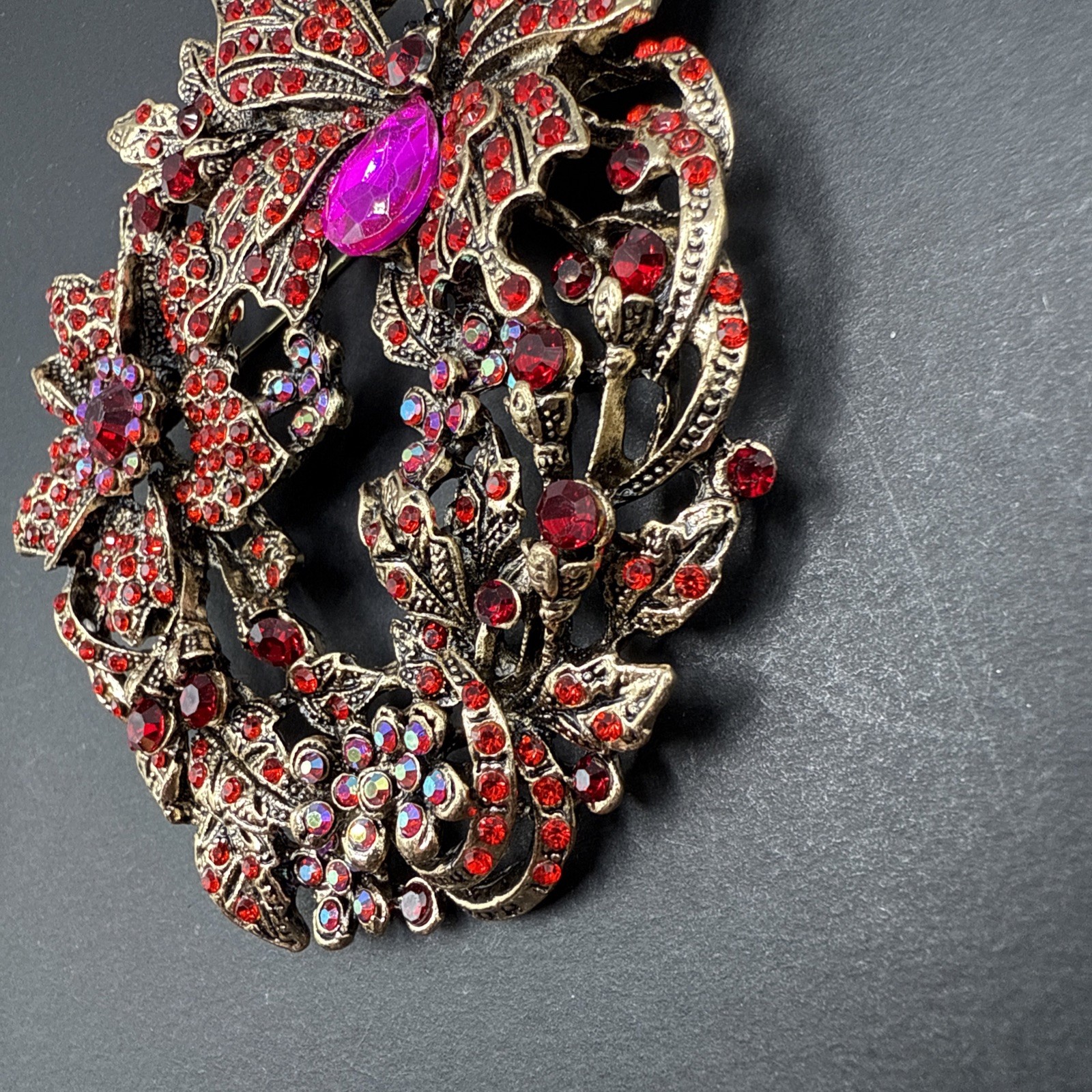 HUGE Butterfly Red Pink Flower Rhinestone Wreath Brooch Pin J26