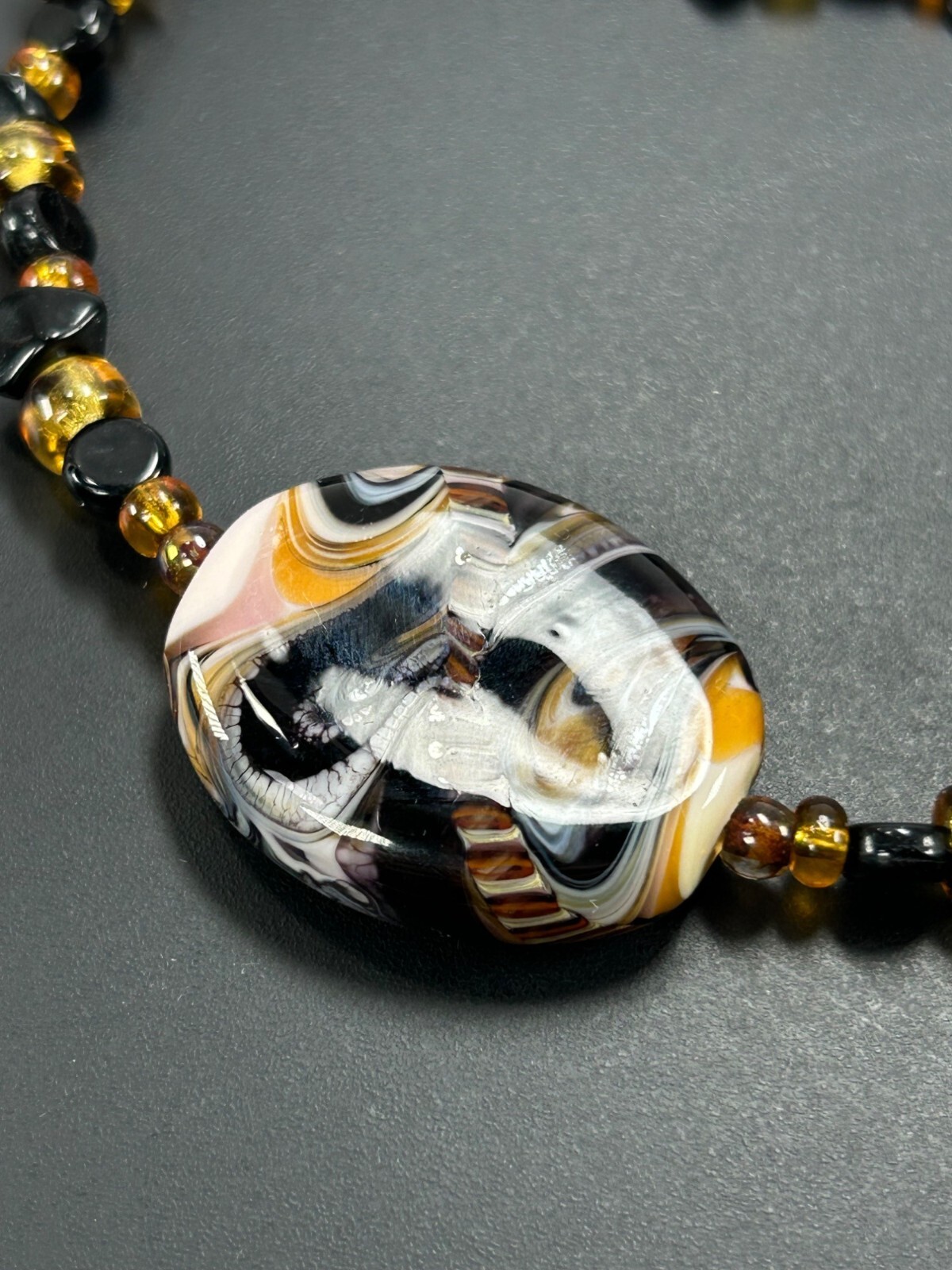 925 Glass Beaded Necklace Earrings Set Swirled Orange Amber Brown Black White