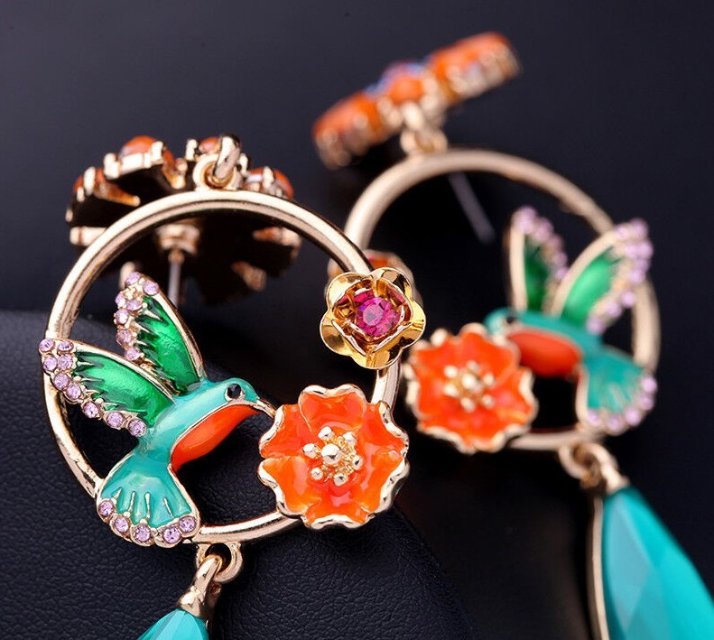 US Seller Betsey Johnson Antique Style Multi-colored Crystal Bird Earrings