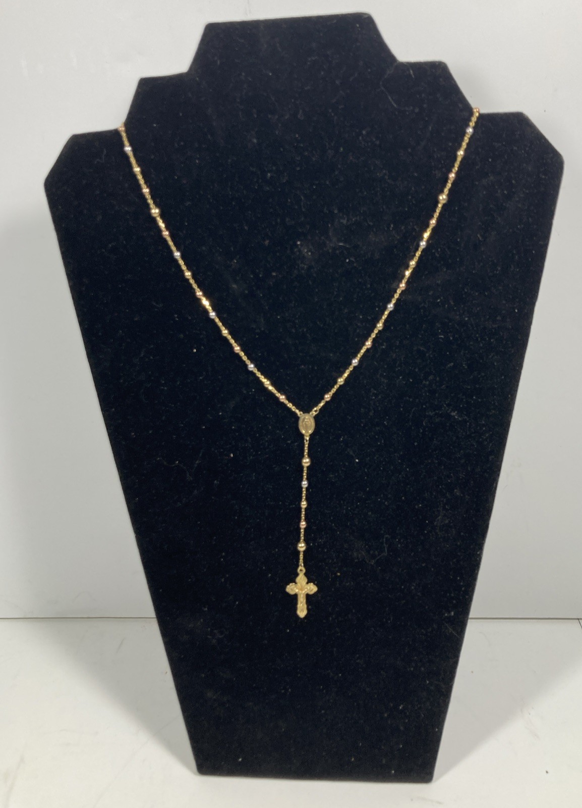7.36grams Tri-Color Religious Bead 10K Gold 16″ Necklace. .099oz AGW.