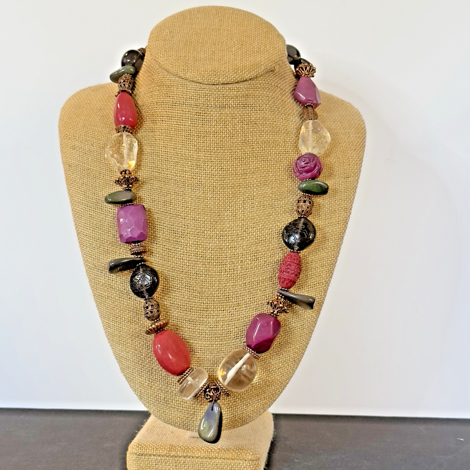 Chunky Statement Beaded Necklace Pink Purples Clear Multi Shape Acrylic Smooth