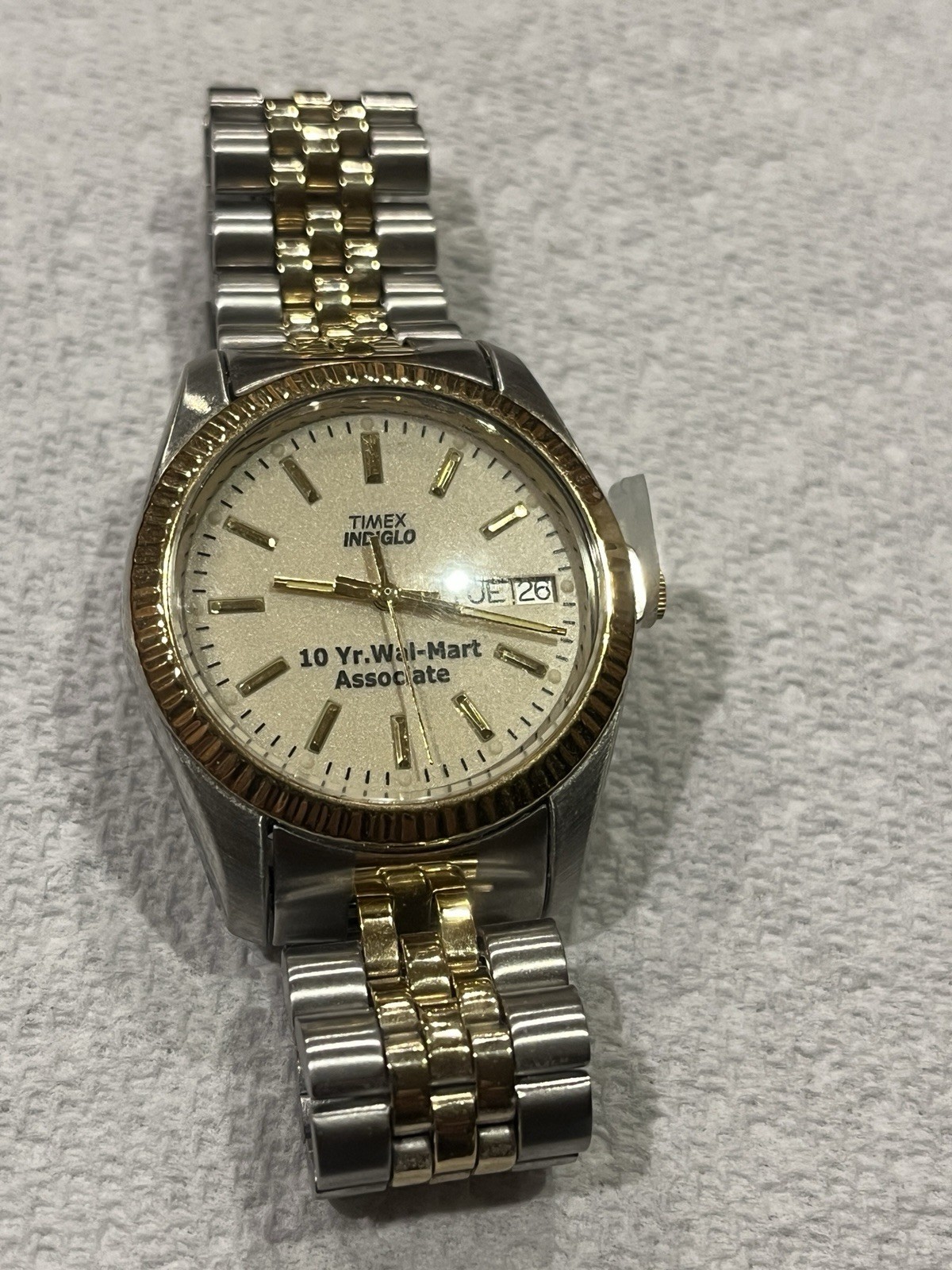 Timex Indiglo Day Date Gold Tone Fluted Bezel Walmart 10 Years Associate Watch