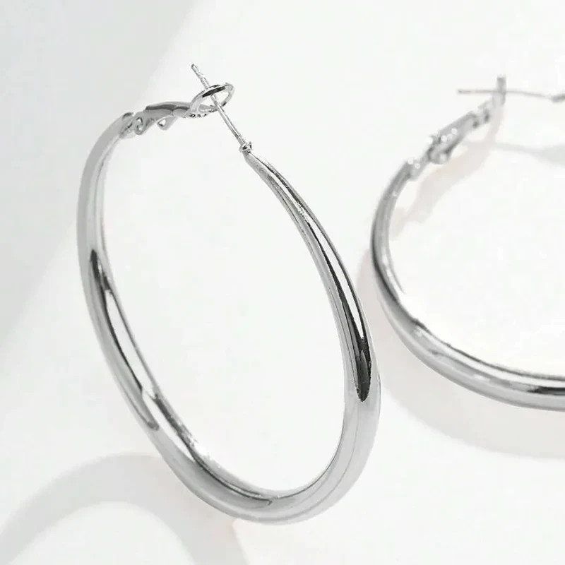 Classic Silver Tone Polished Hoop Earrings Titanium Posts Minimalist Style