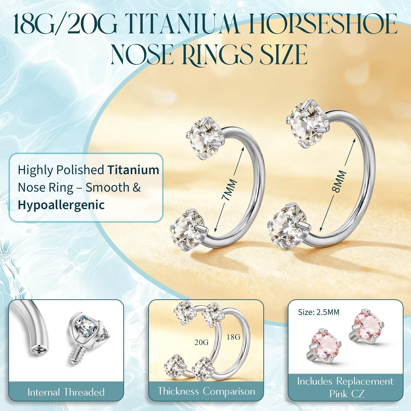 Titanium Horseshoe Nose Ring 20g 18g Gold Silver Double Gem Nose Rings Studs …