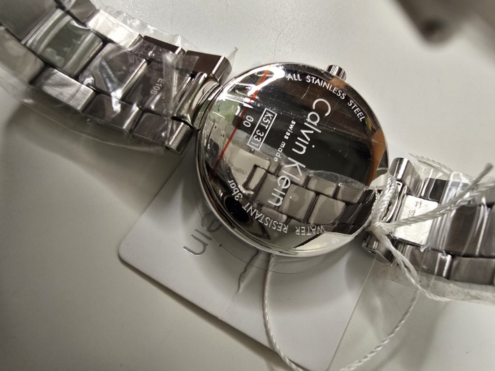 Womens Calvin Klein Swiss Stainless Steel Watch Silver Pyramid Studded K5T33146
