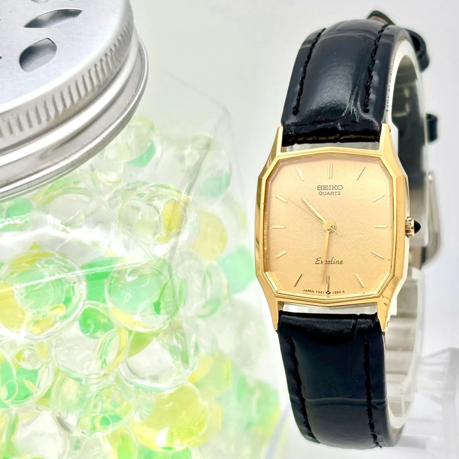 Good condition New battery SEIKO Exceline octagon ladies wristwatch gold 7321 57