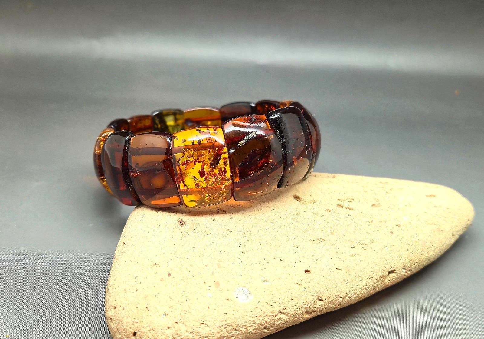 Genuine Baltic Amber Bracelet Cognac Rectangular Slice Beads Stretch Elastic
