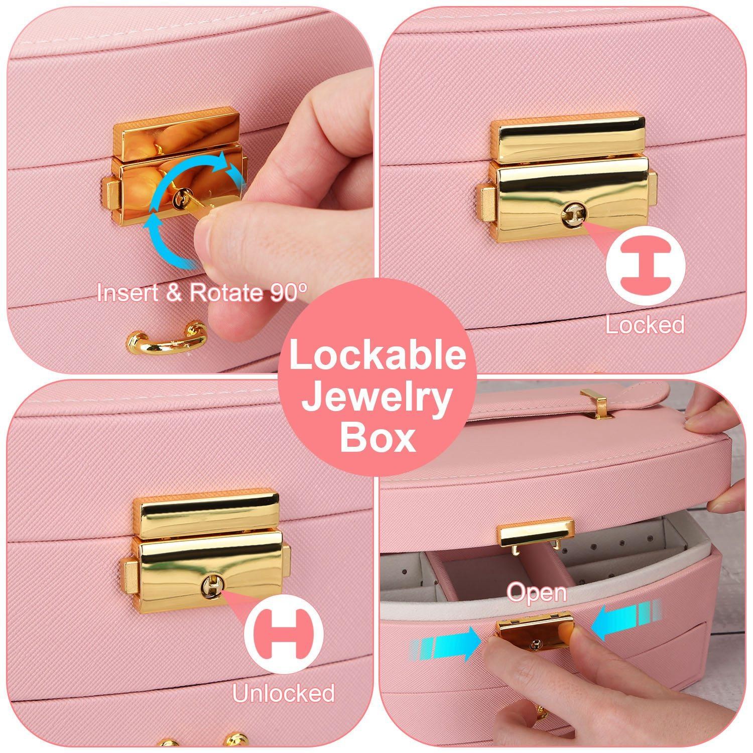 2-Layer Jewelry Box f/ Women Girls Lockable Lear Organizer Travel Case f/ Rings