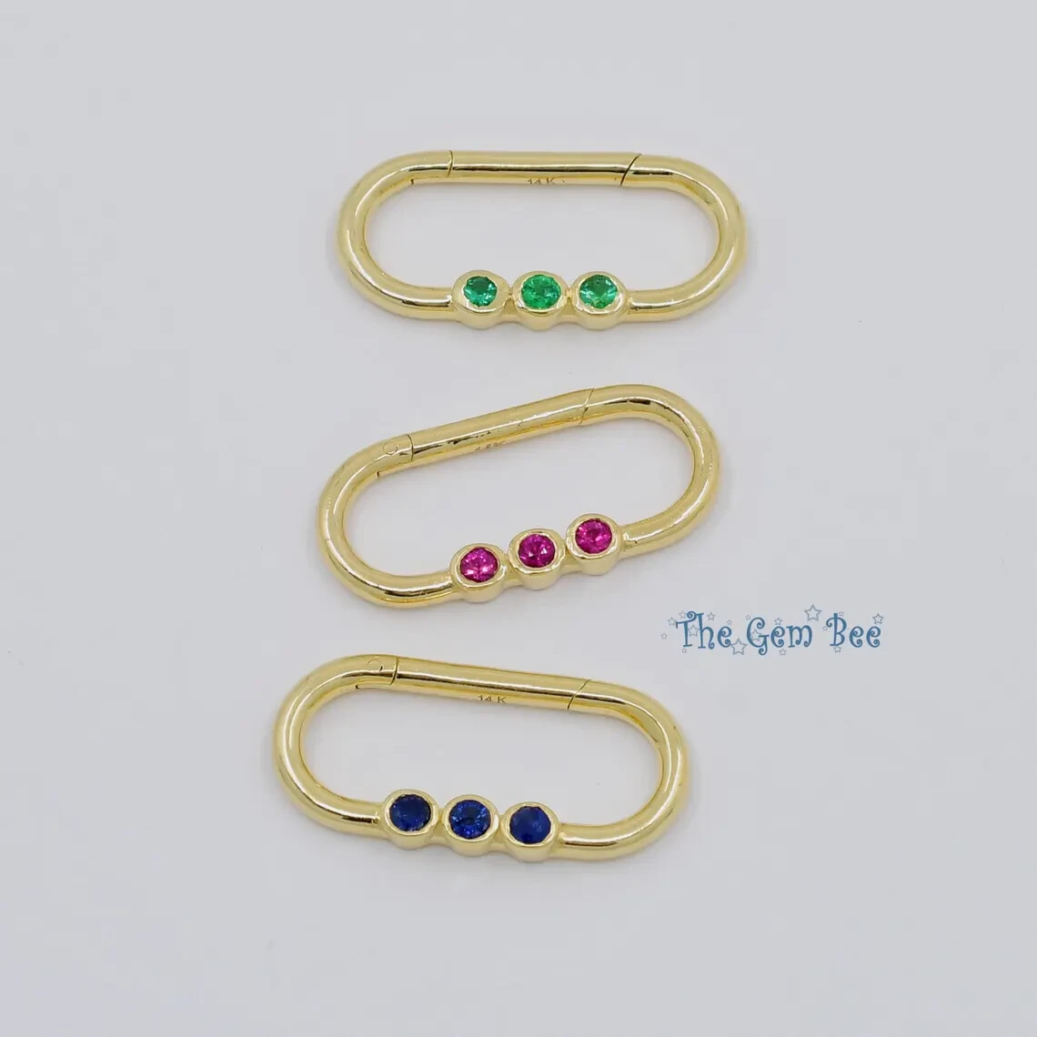 10mmx21.5mm 14K Yellow Gold Blue Sapphire Charm Holder Snap Lock Carabiner