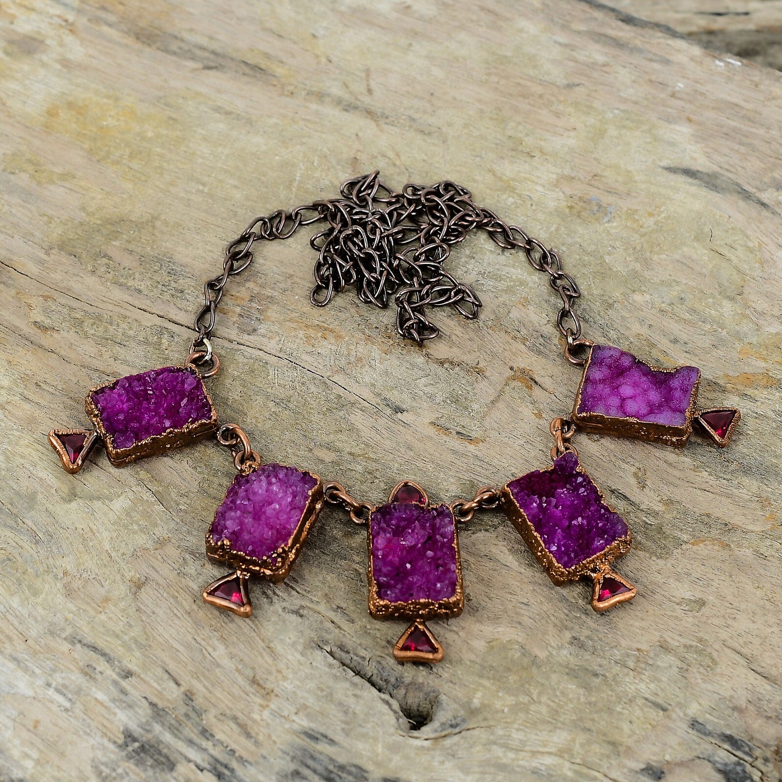 Pink Druzy Copper Electroformed Chain Adjustable Necklace For Women 18.0″