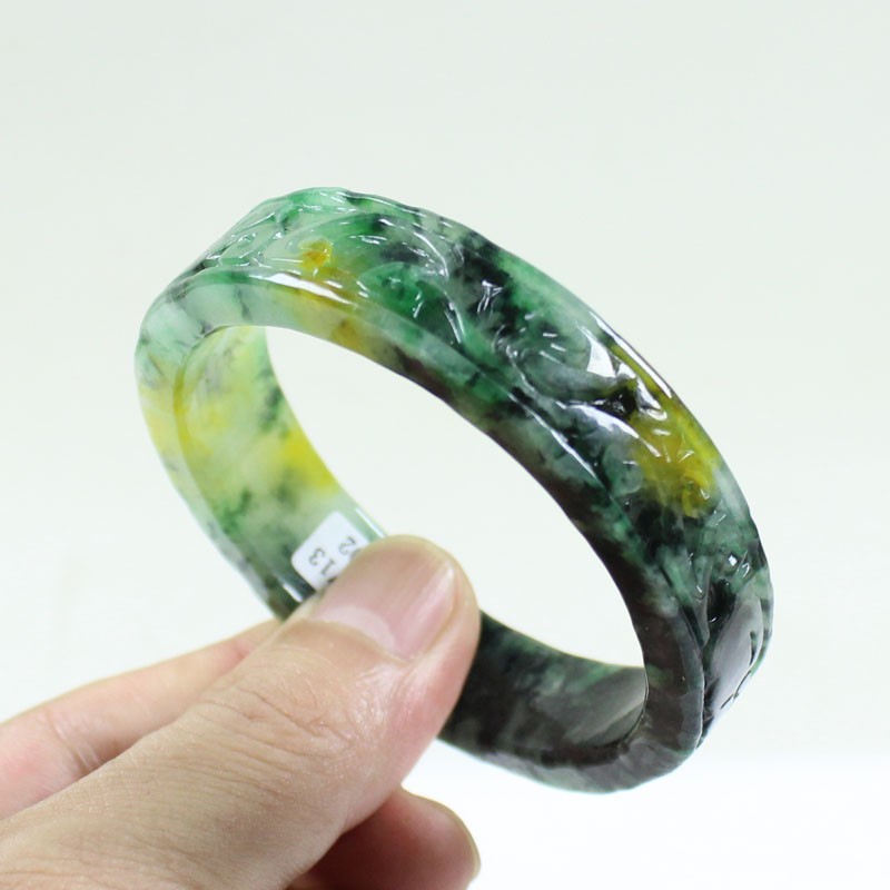 61mm Real Natural Ice Multicolor Burmese Jade jadeite Carving Bracelet Bangle