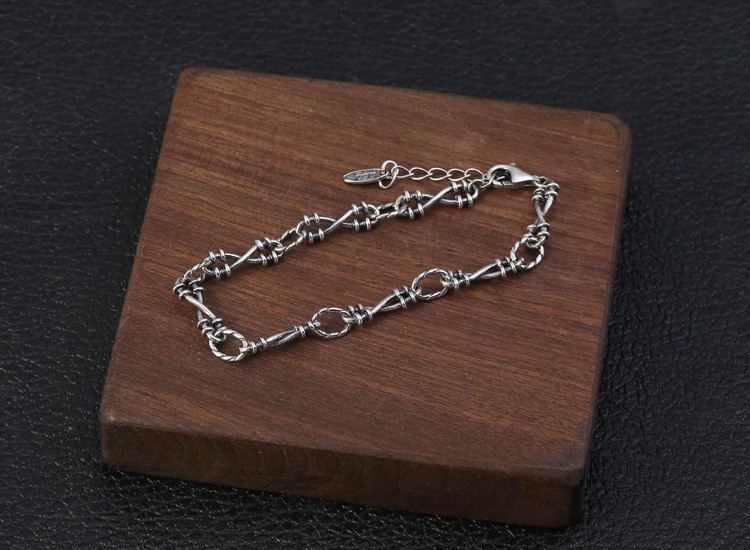 Solid 925 Silver Barbed Wire Style Bracelet Oxidized Thai Silver Punk Jewelry