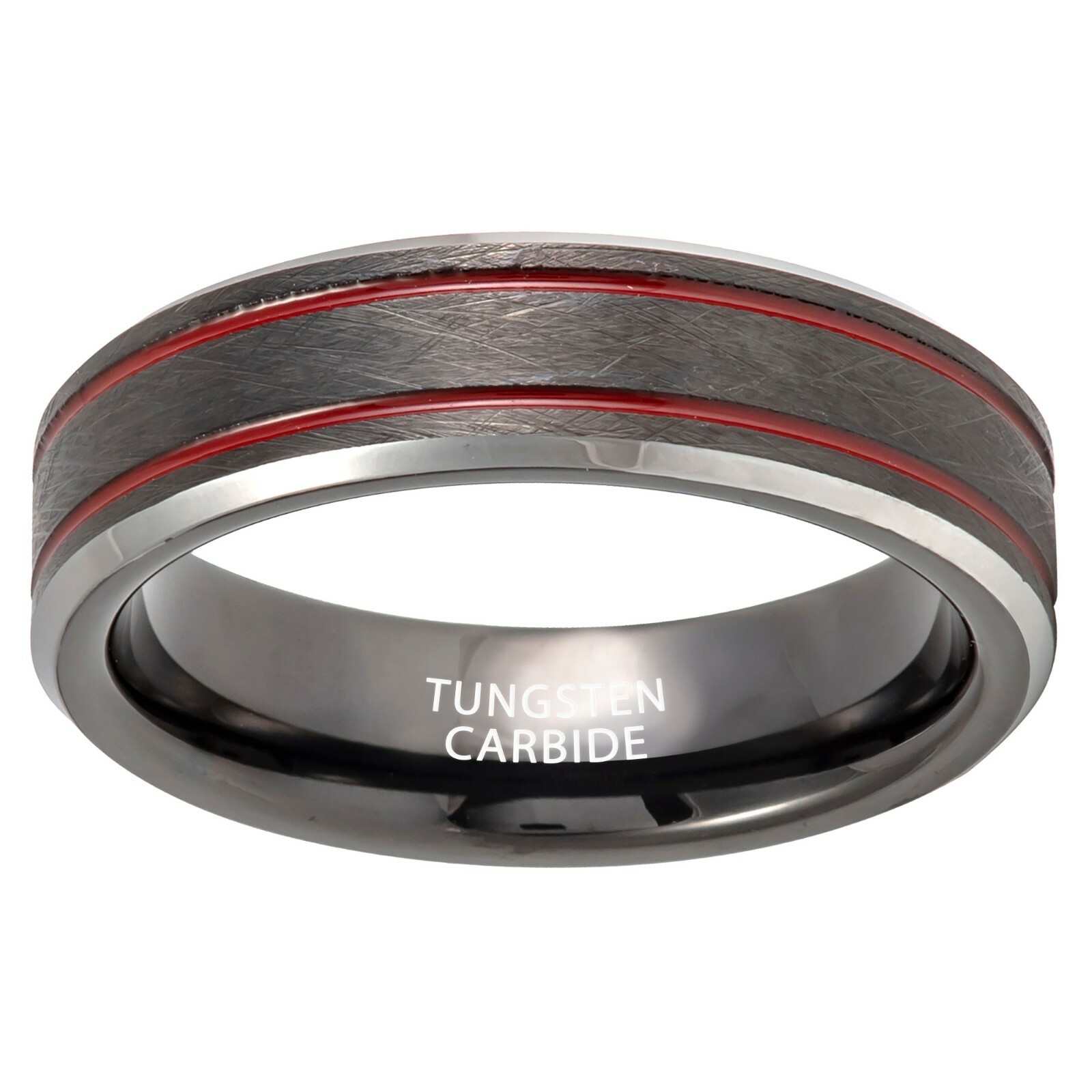 Tungsten Ring Charcoal Gray Ion Plated w/ 2 Red Thin Line 6mm Anniversary Unisex