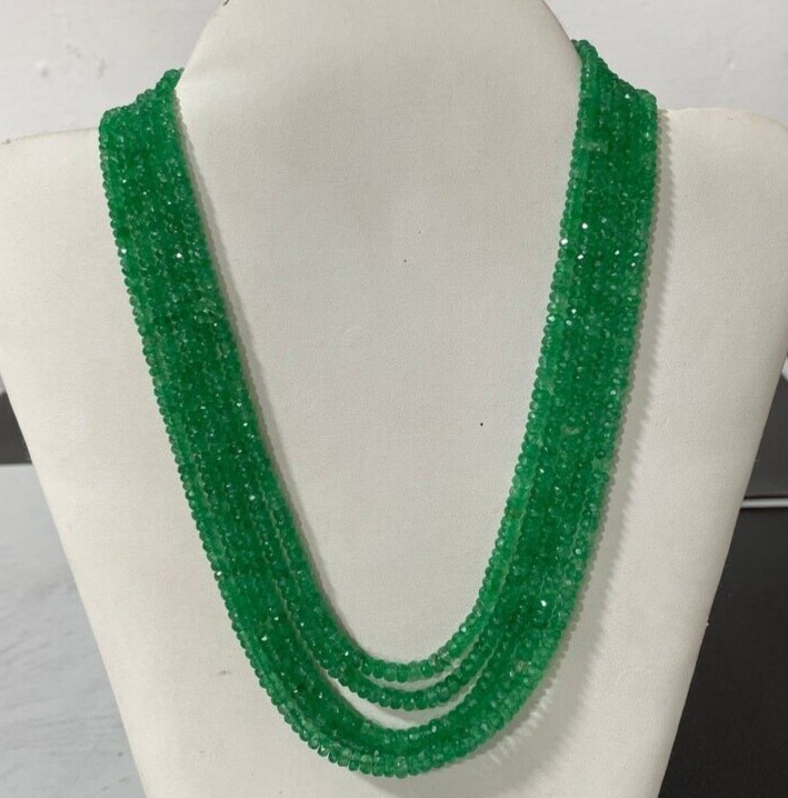 5 String Emerald Beads Necklace Micro Cut Faceted Emerald Necklace 3to6mm beads