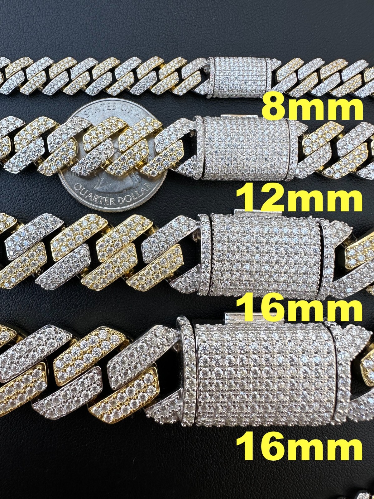 MOISSANITE Real Miami Cuban Link Prong Chain Ice Gold Plated 925 Silver Necklace