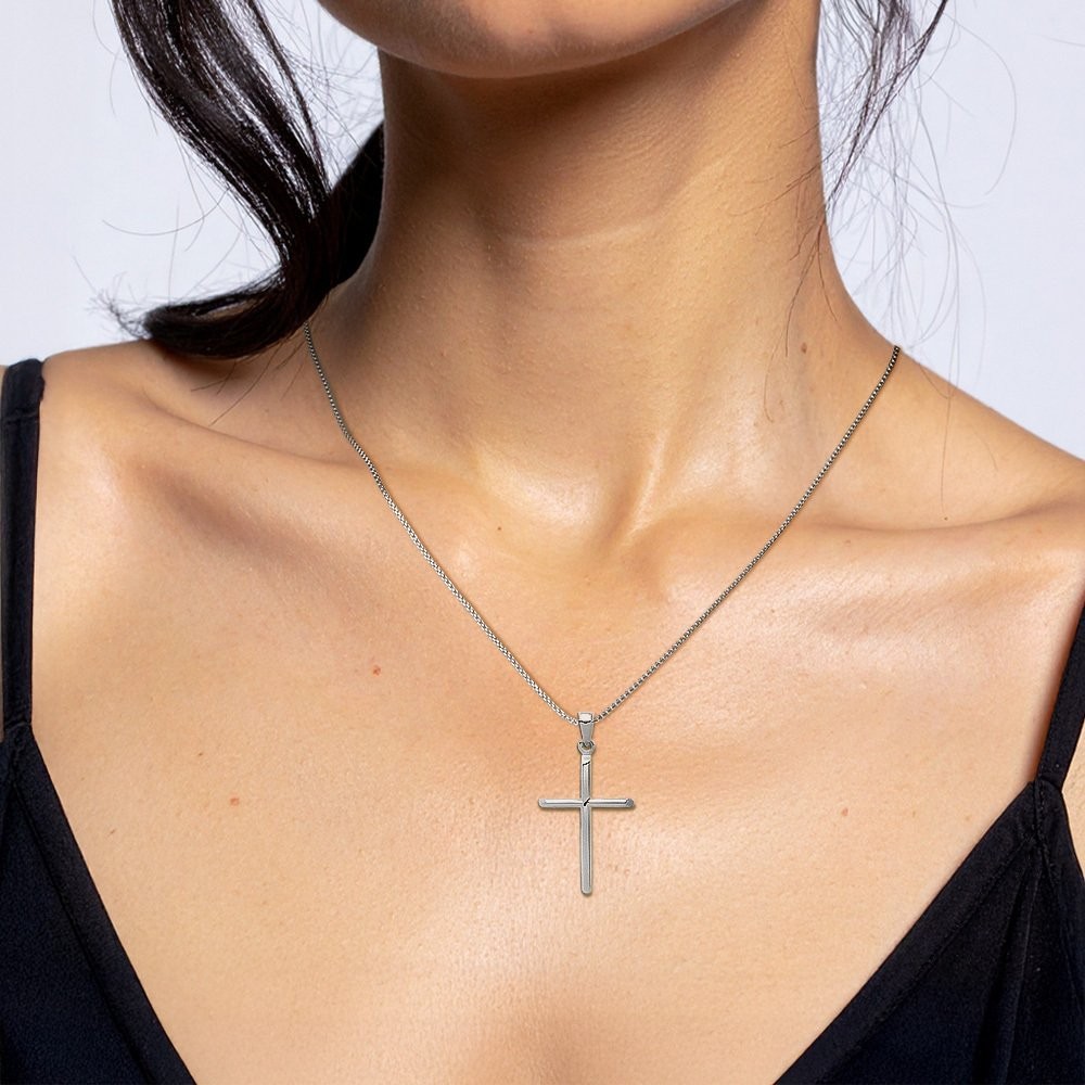 10K Solid White Gold Fleur De Lis Large Tubular Cross Pendant Necklace 35.6mm