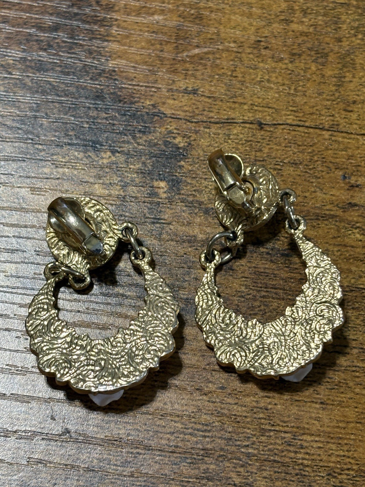 Vintage 1928 style Gold Tone Filigree Crescent Drop porcelain rose Earrings