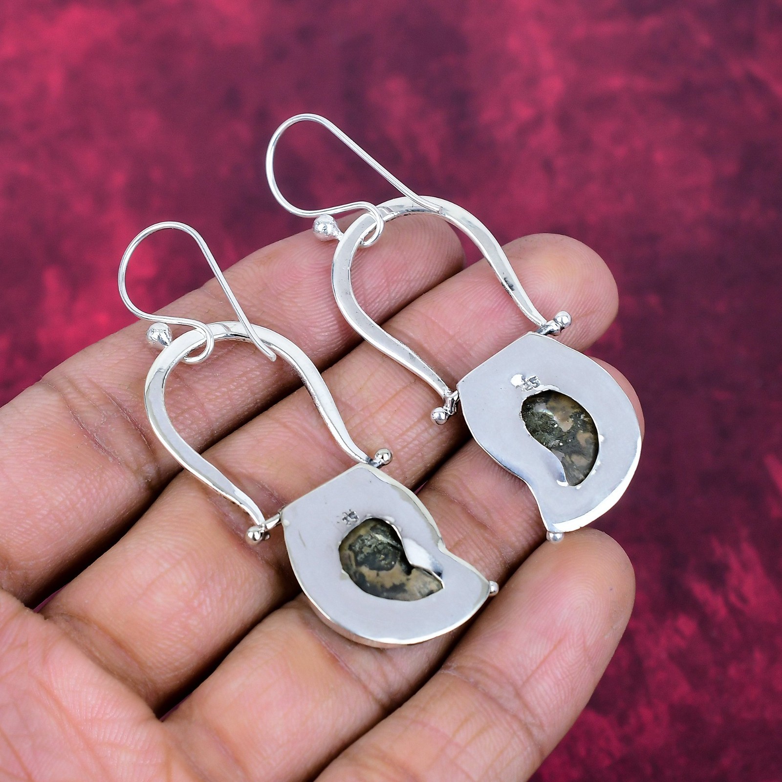 Ammonite Fossil Gemstone 925 Sterling Silver Handmade Bohemian Jewelry Earrings