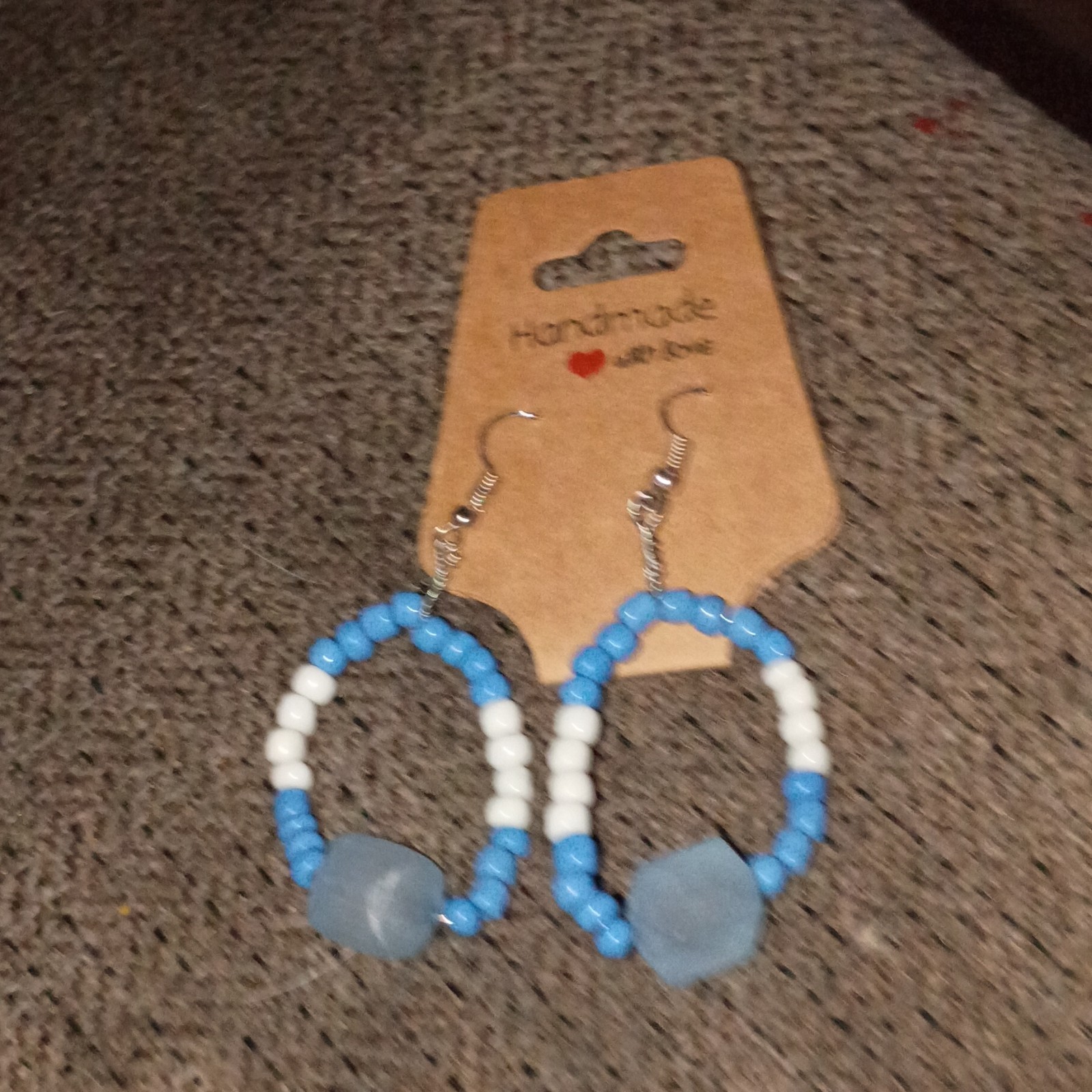 Handmade Dangly Earrings That Are Blue And White Wired Made