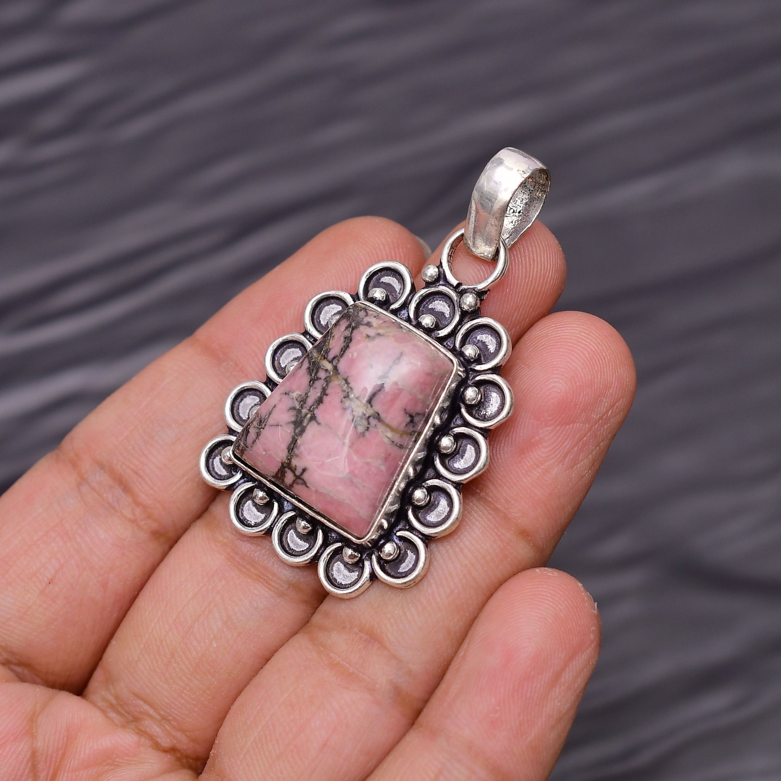 Rhodonite Gemstone 925 Sterling Silver Jewelry Pendant 1.81″