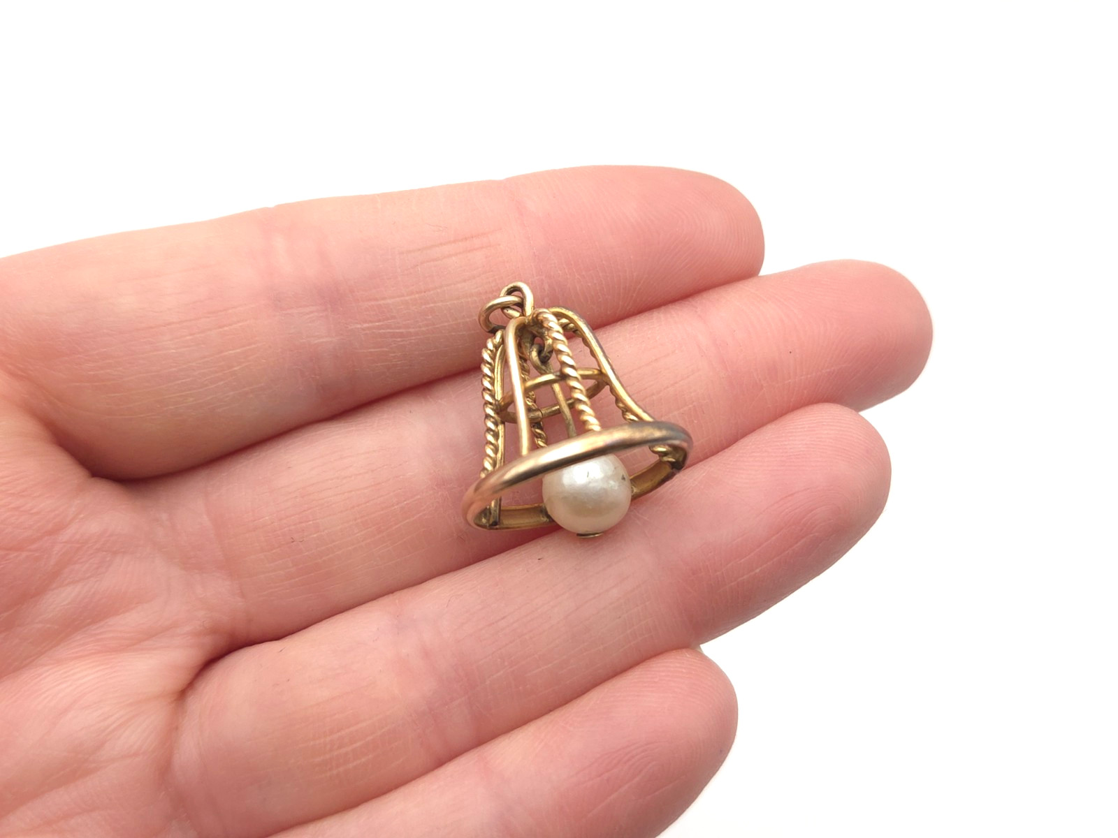 Vintage 14k Solid Gold & Pearl Movable Openwork Bell Pendant or Charm 2.4grams