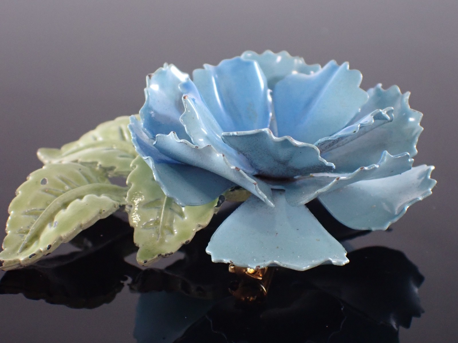 Vintage Blue Enamel Flower Brooch Glass Rhinestone Center Mid Century