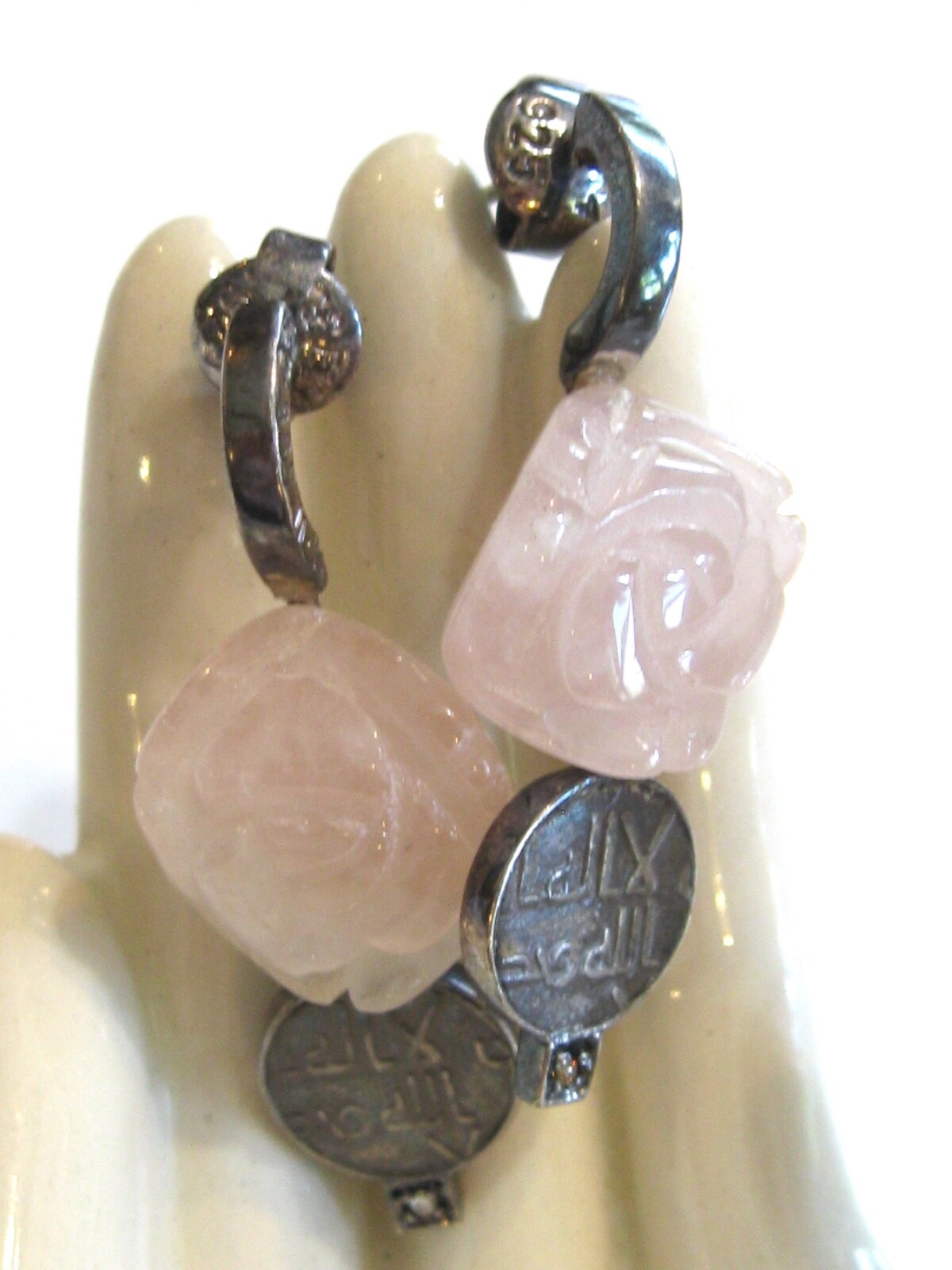 HANDMADE POST EARRINGS FLORAL CARVED ROSE QUARTZ COINS DIAMONDS MYSTERY NUMBER