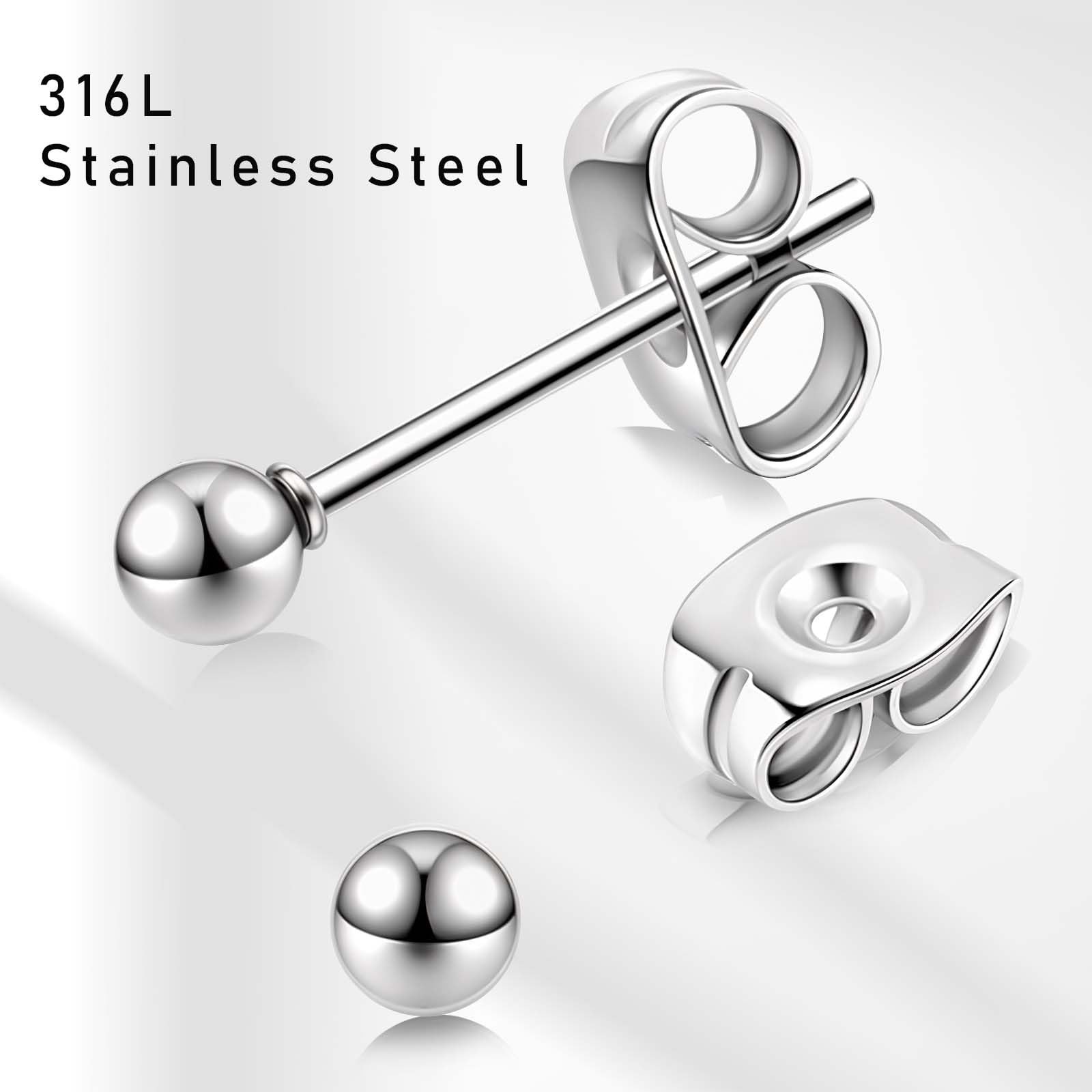 Stainless Steel Stud Earrings for Women & Men 2mm, 3mm, 4mm, 5mm, 6mm, Silver