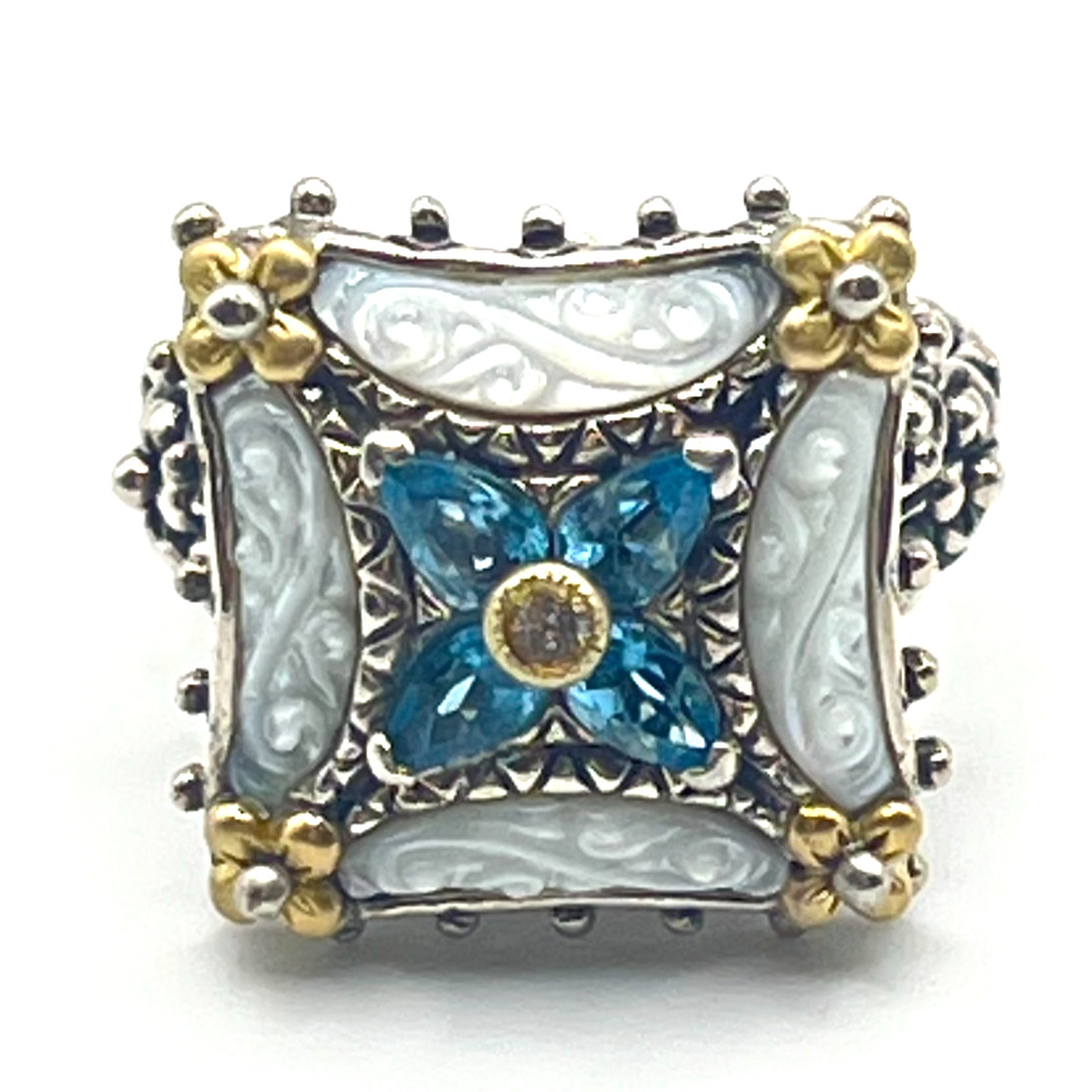 Barbara Bixby Size 8 Carved MOP & Blue Topaz Lotus Square Sterling 925 & 18k