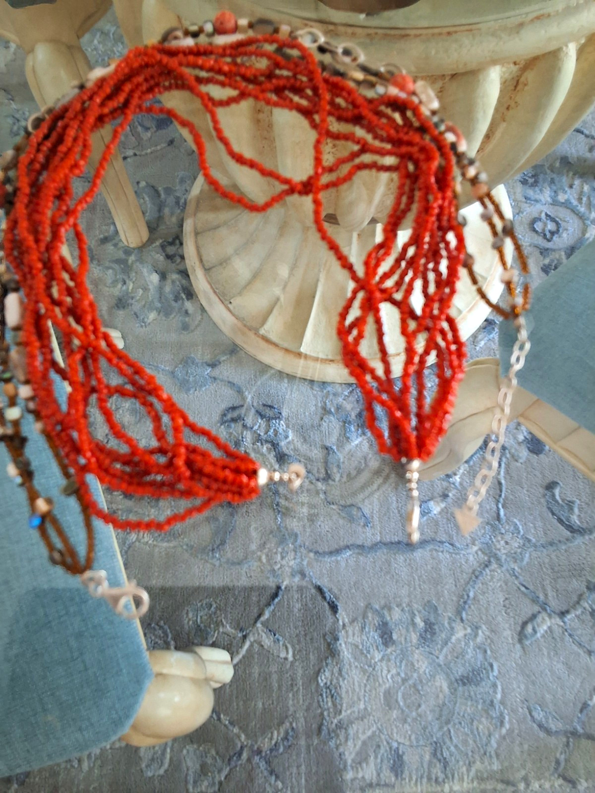 Multi-Strand Orange Heishi Beaded Statement Necklace, Adjustable Lobster Clasp
