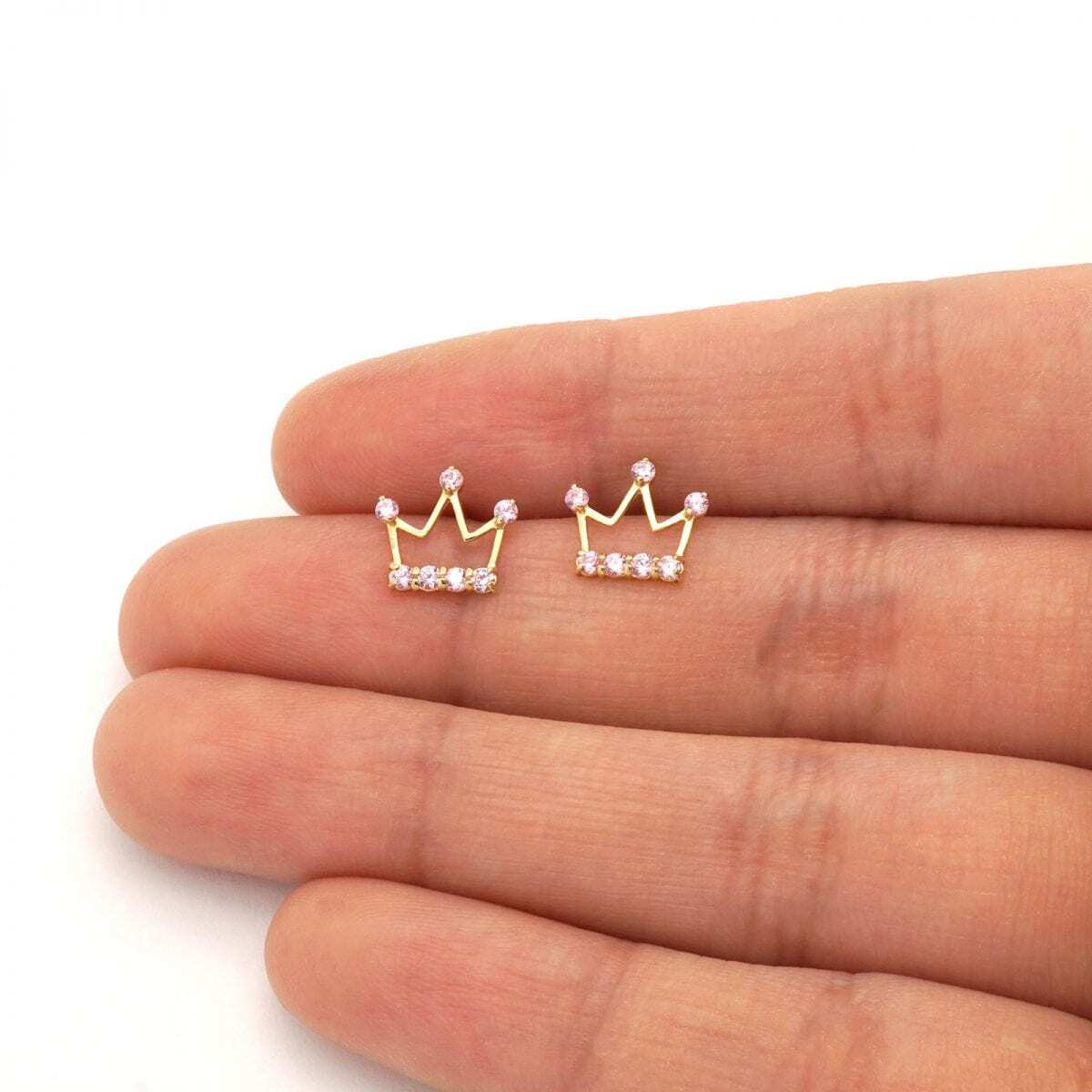 Ruby Pink Tourmaline Zircon Crown Stud Screwback Kid Earrings 14k Yellow Gold