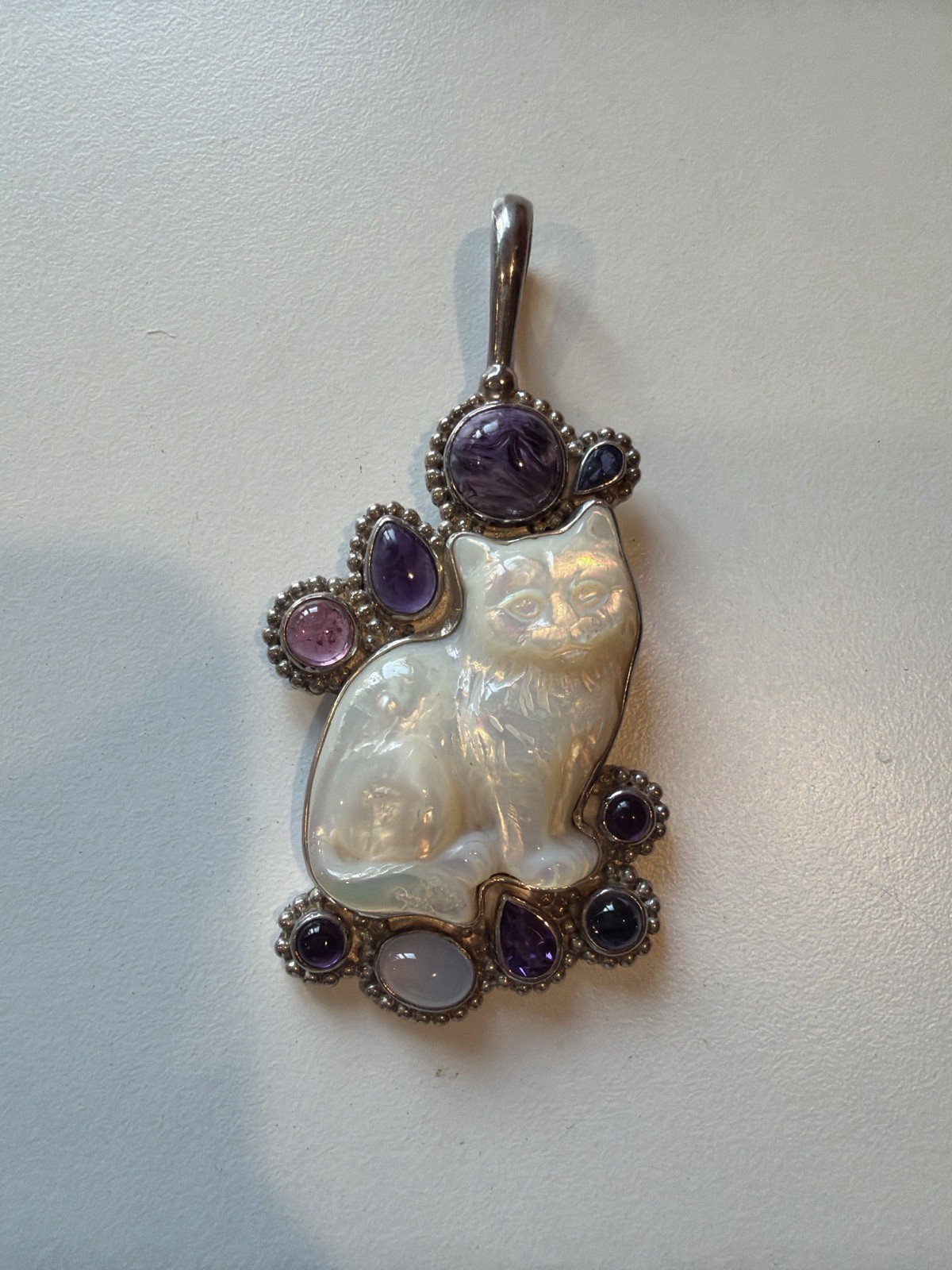 Sajen Sterling Silver Carved Mother of Pearl Cat Pendant Multi Gem Amethyst